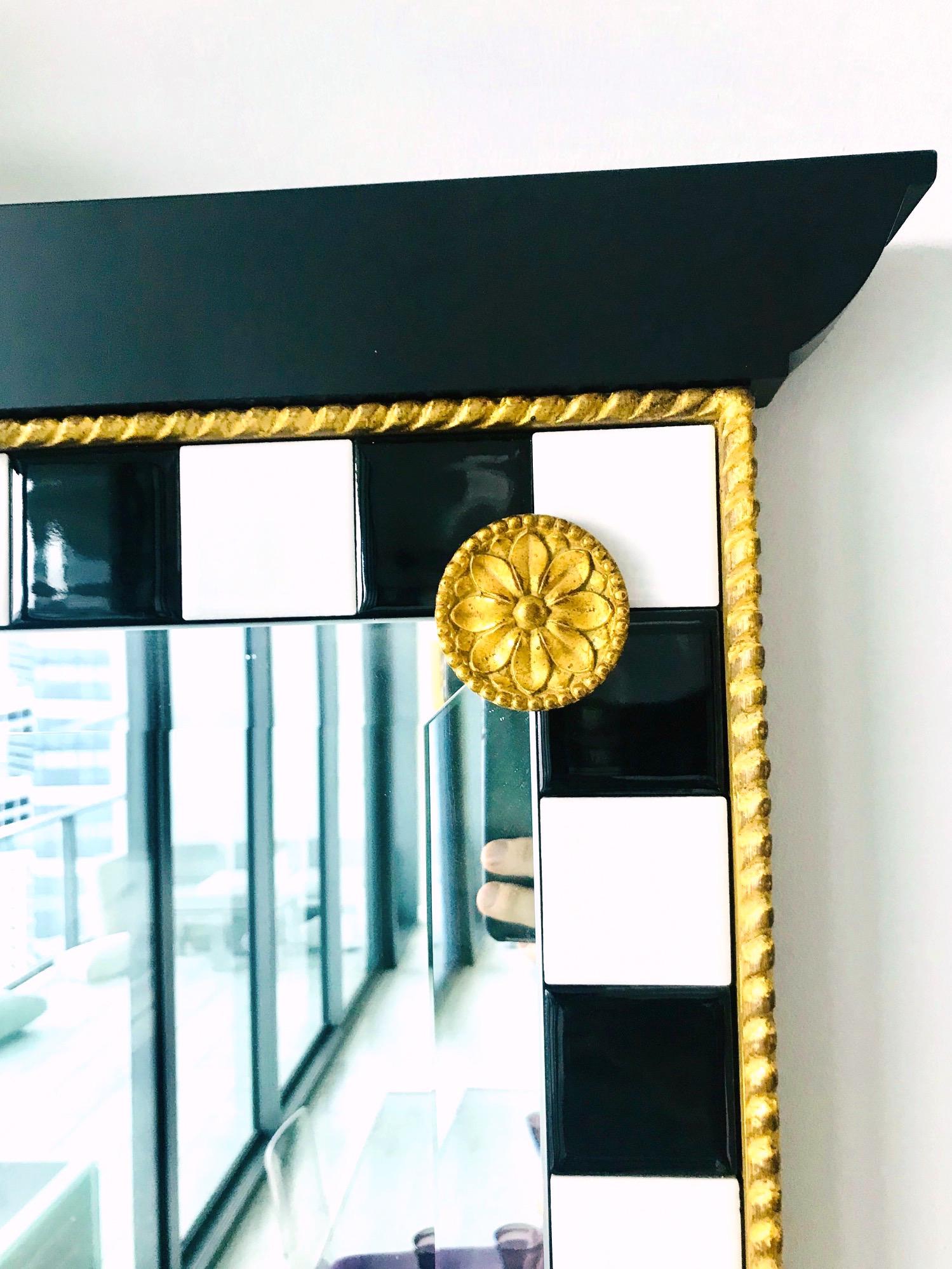 Hollywood Regency Mirror with Gold Leaf Plumes and Ceramic Tiles 3
