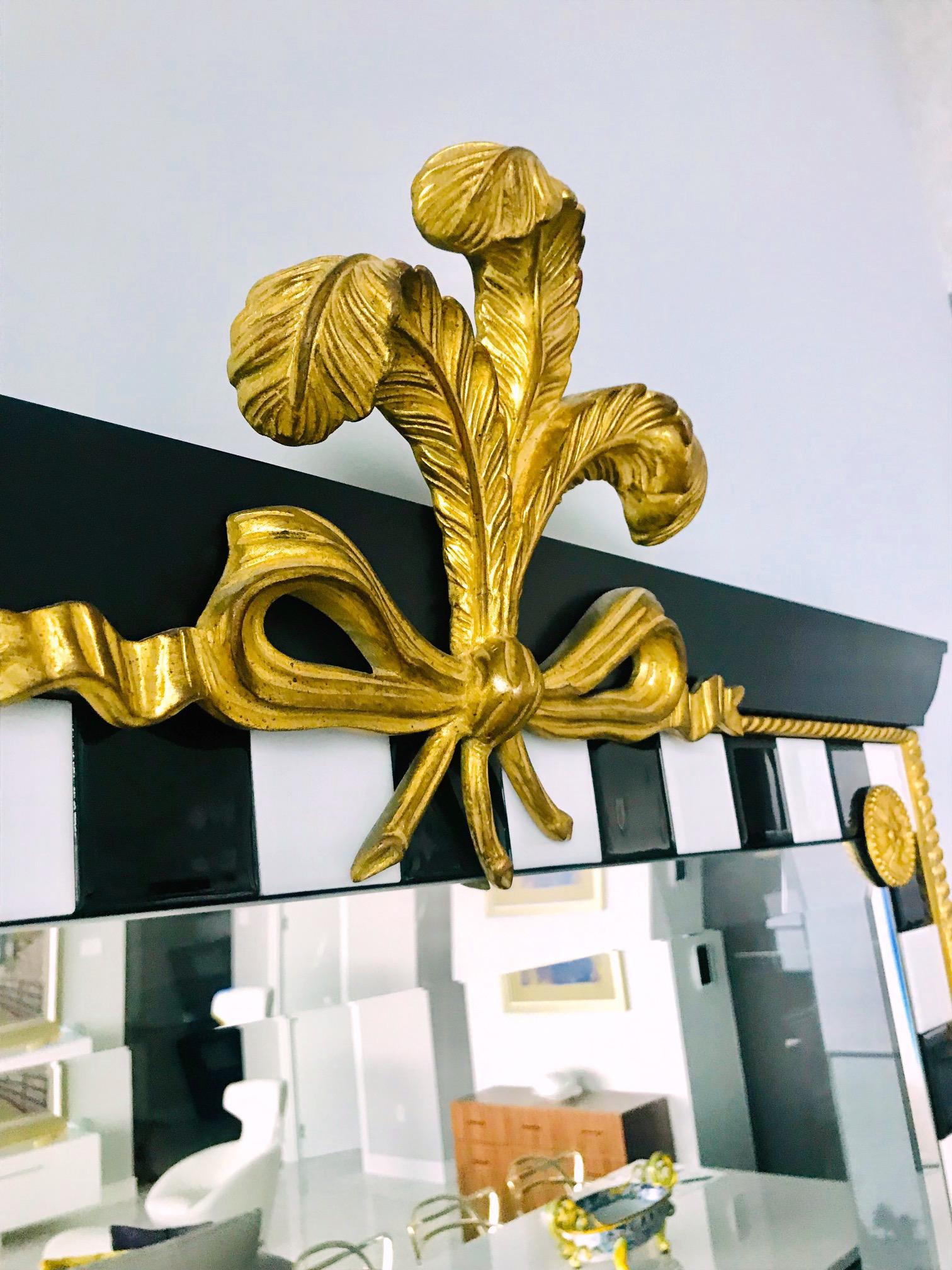 Neoclassical Hollywood Regency Mirror with Gold Leaf Plumes and Ceramic Tiles