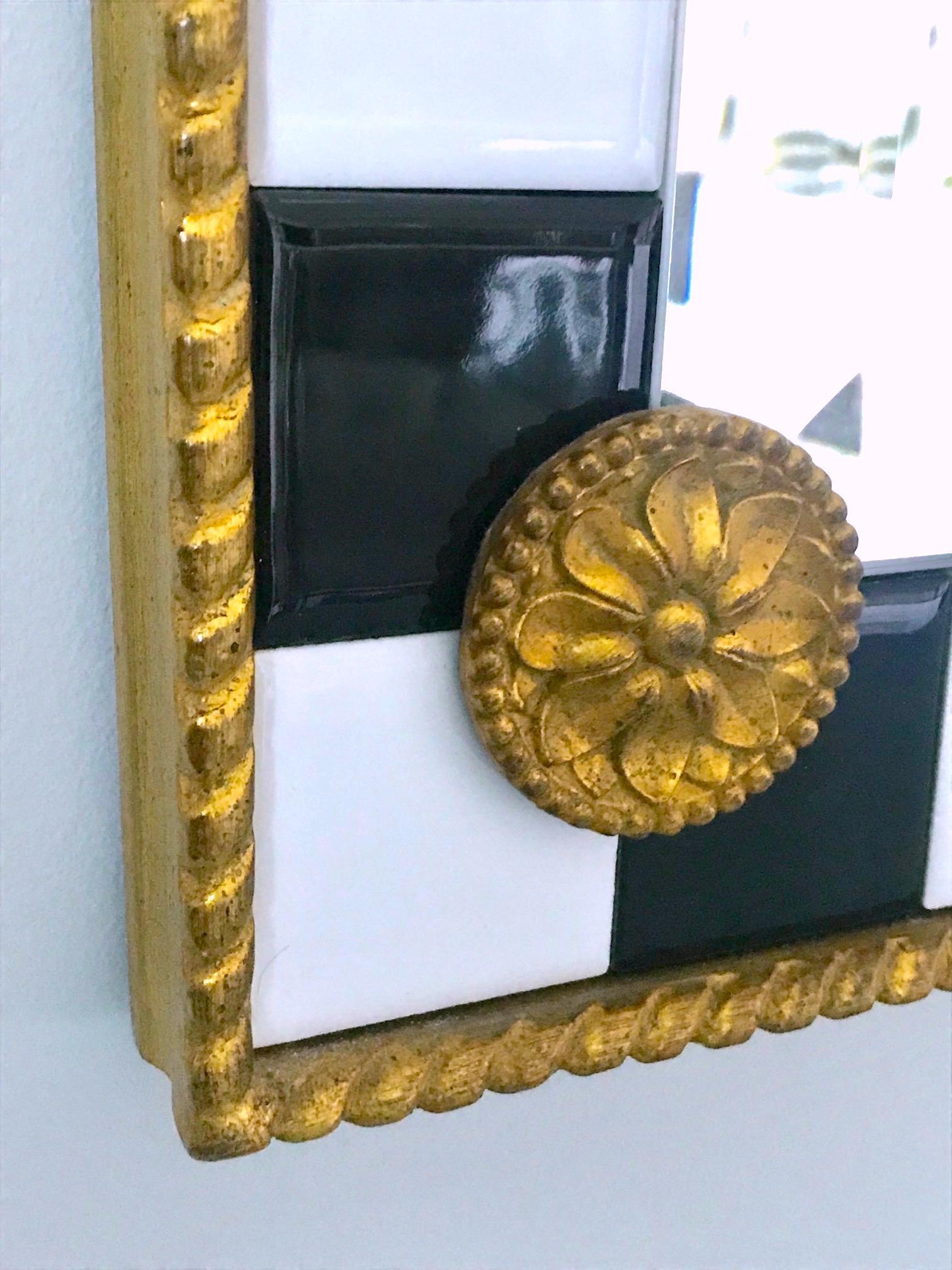 Beveled Hollywood Regency Mirror with Gold Leaf Plumes and Ceramic Tiles
