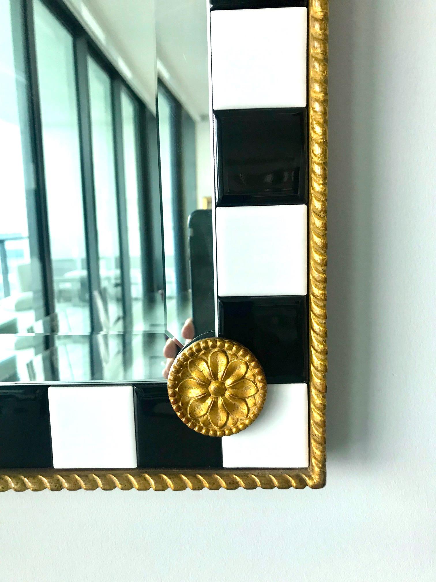 Hollywood Regency Mirror with Gold Leaf Plumes and Ceramic Tiles In Excellent Condition In Fort Lauderdale, FL