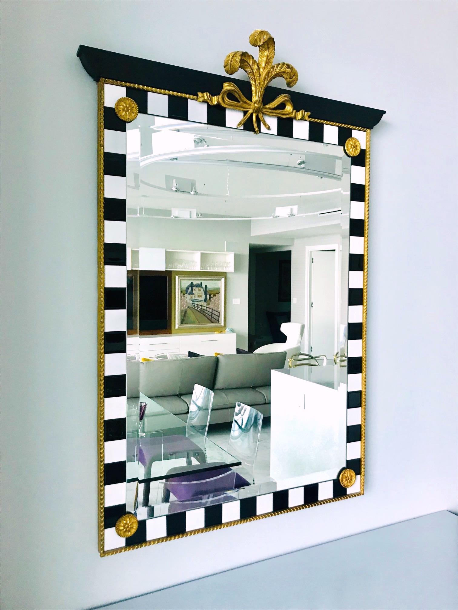 Late 20th Century Hollywood Regency Mirror with Gold Leaf Plumes and Ceramic Tiles