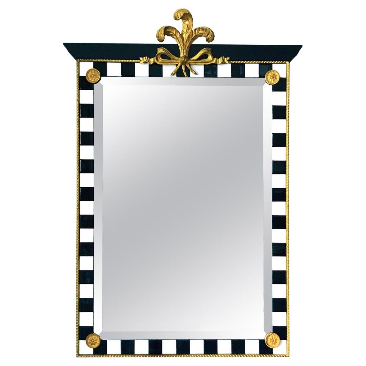 Hollywood Regency Mirror with Gold Leaf Plumes and Ceramic Tiles