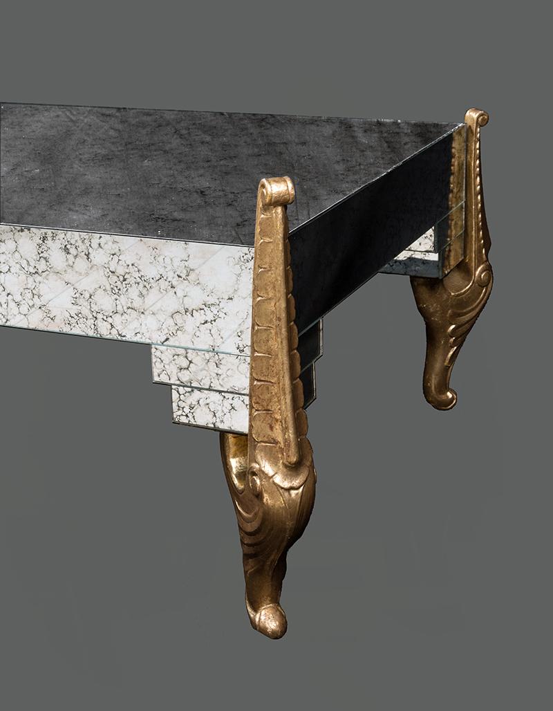 Hollywood Regency Mirrored Coffee Table Gilded Carving Wood Leaf Legs, 1980s In Excellent Condition In Florence, IT