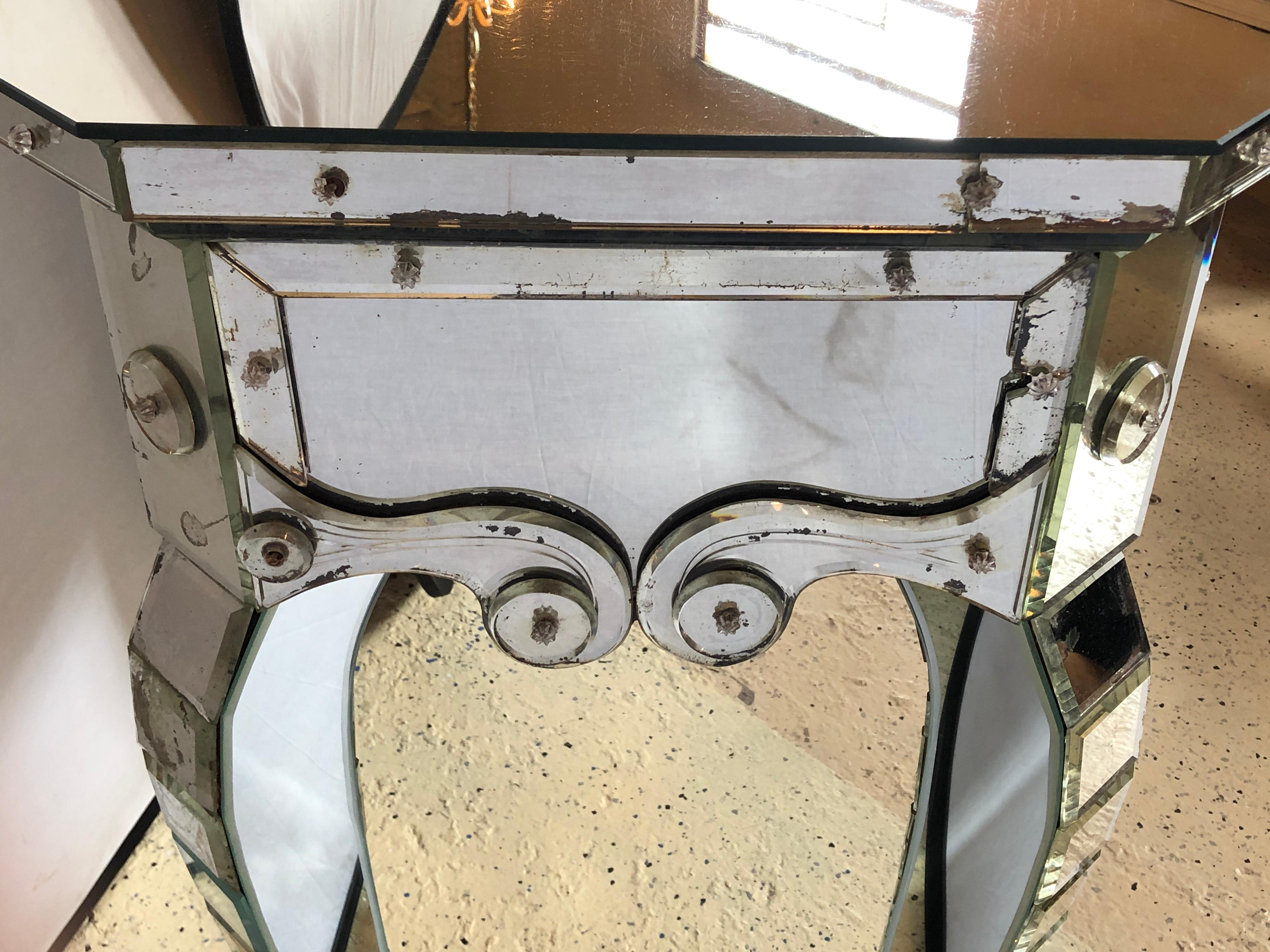 Hollywood Regency Mirrored Console with Applied Decoration and Cabriolet Legs In Good Condition For Sale In Stamford, CT