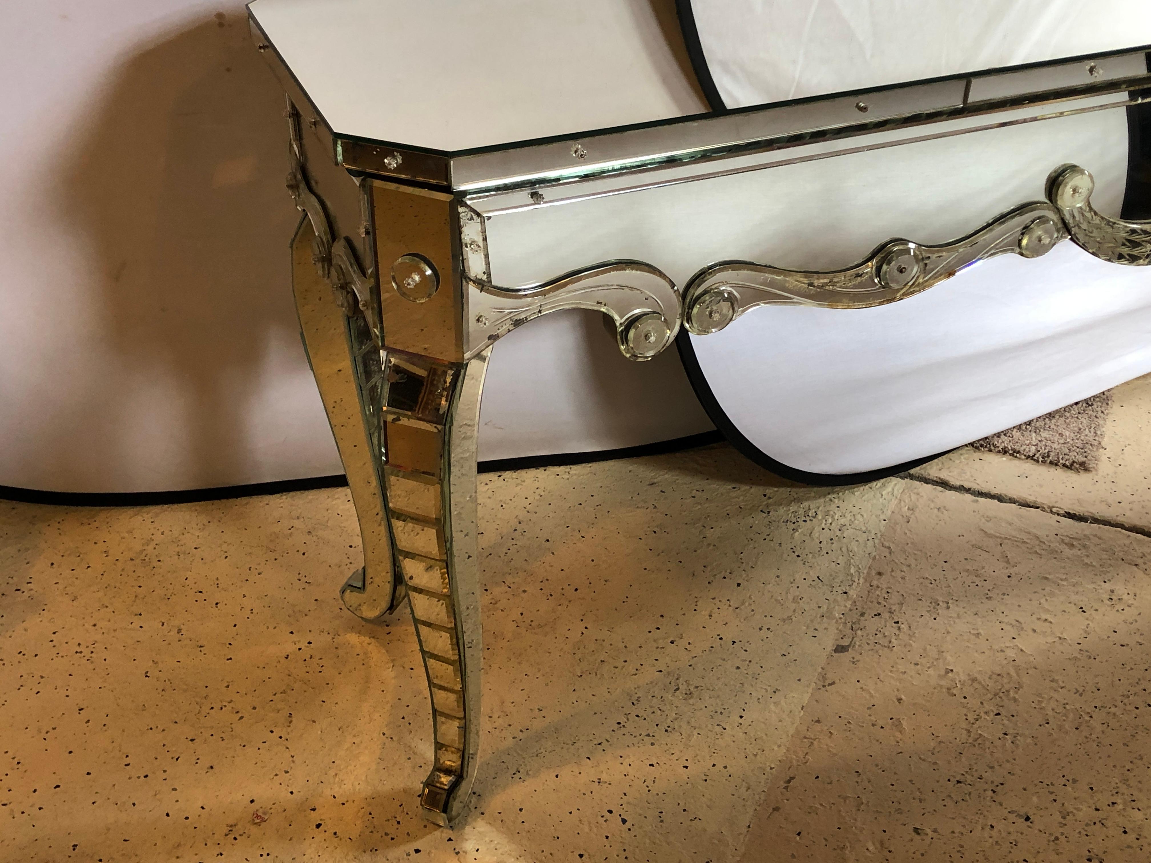 Hollywood Regency Mirrored Console with Applied Decoration and Cabriolet Legs For Sale 1