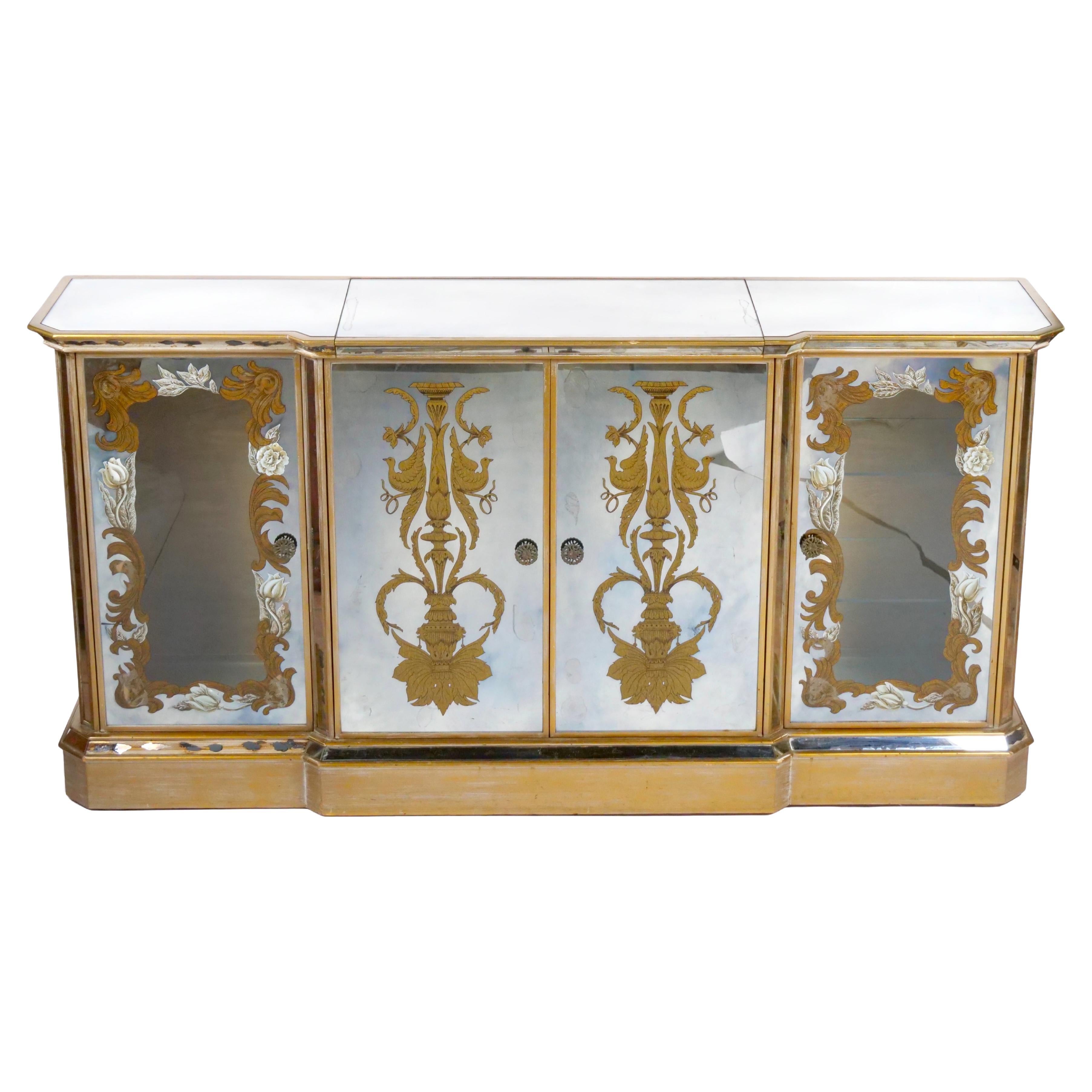 Hollywood Regency Mirrored Eglomise Bar / Credenza / Server For Sale