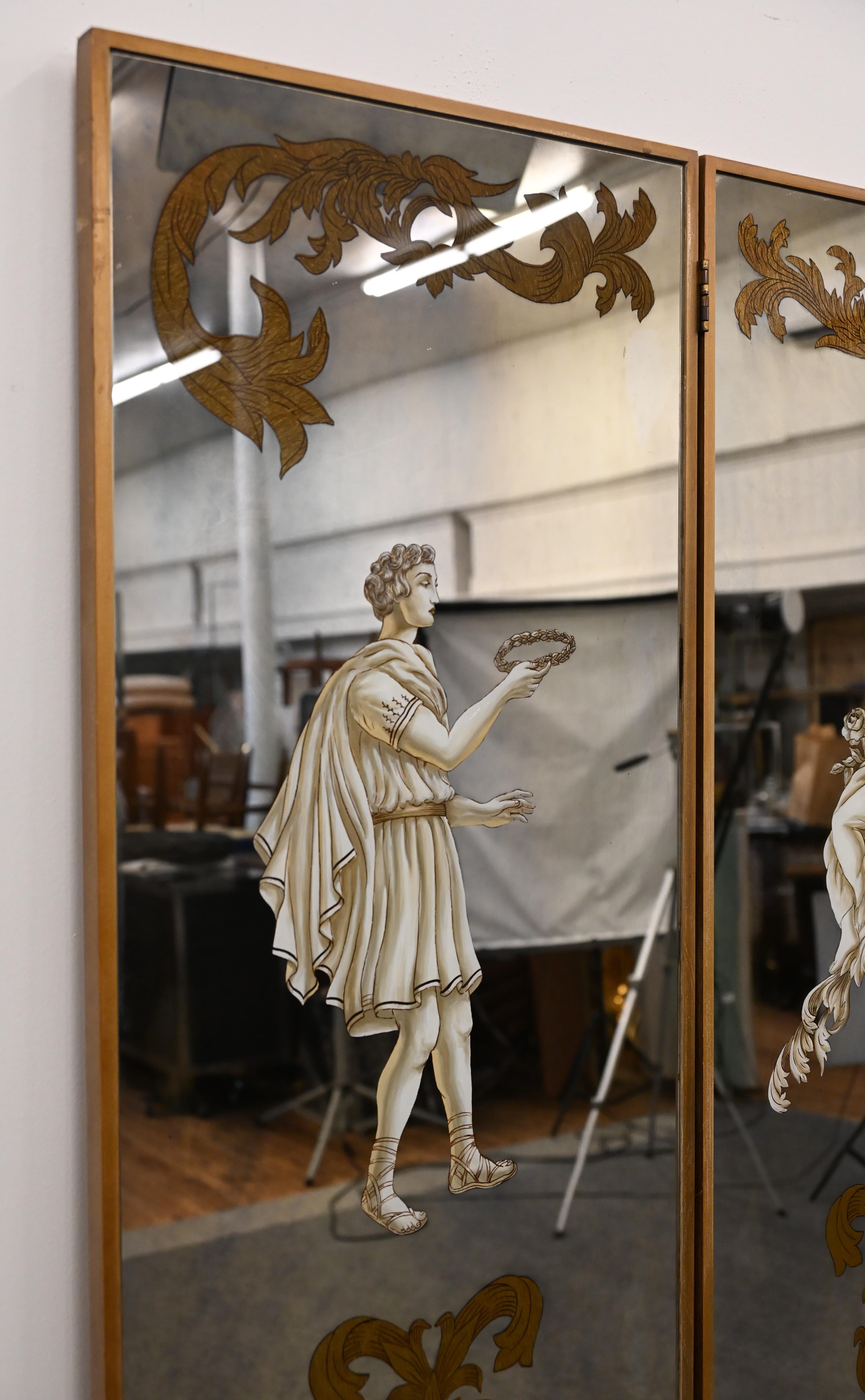 Paravent en églomisé à miroir Hollywood Regency, années 1950 en vente 3