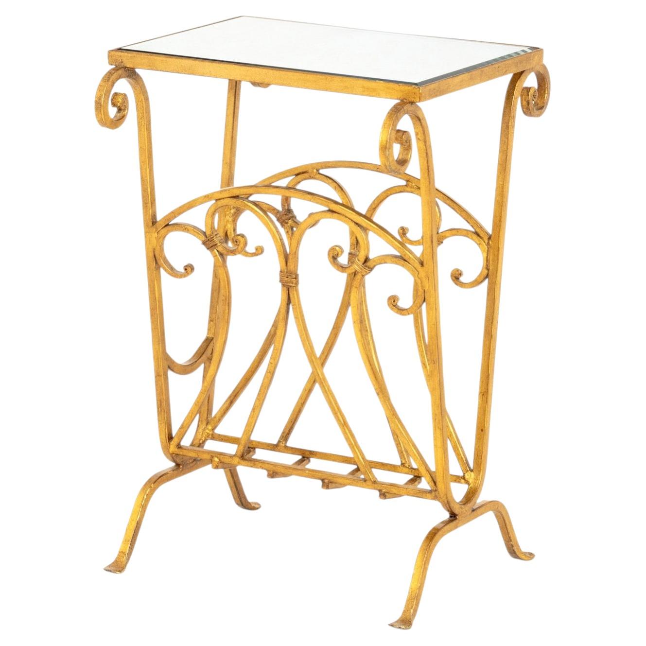 Hollywood Regency Mirrored Gilt Brass Side Table with Beveled Glass Top