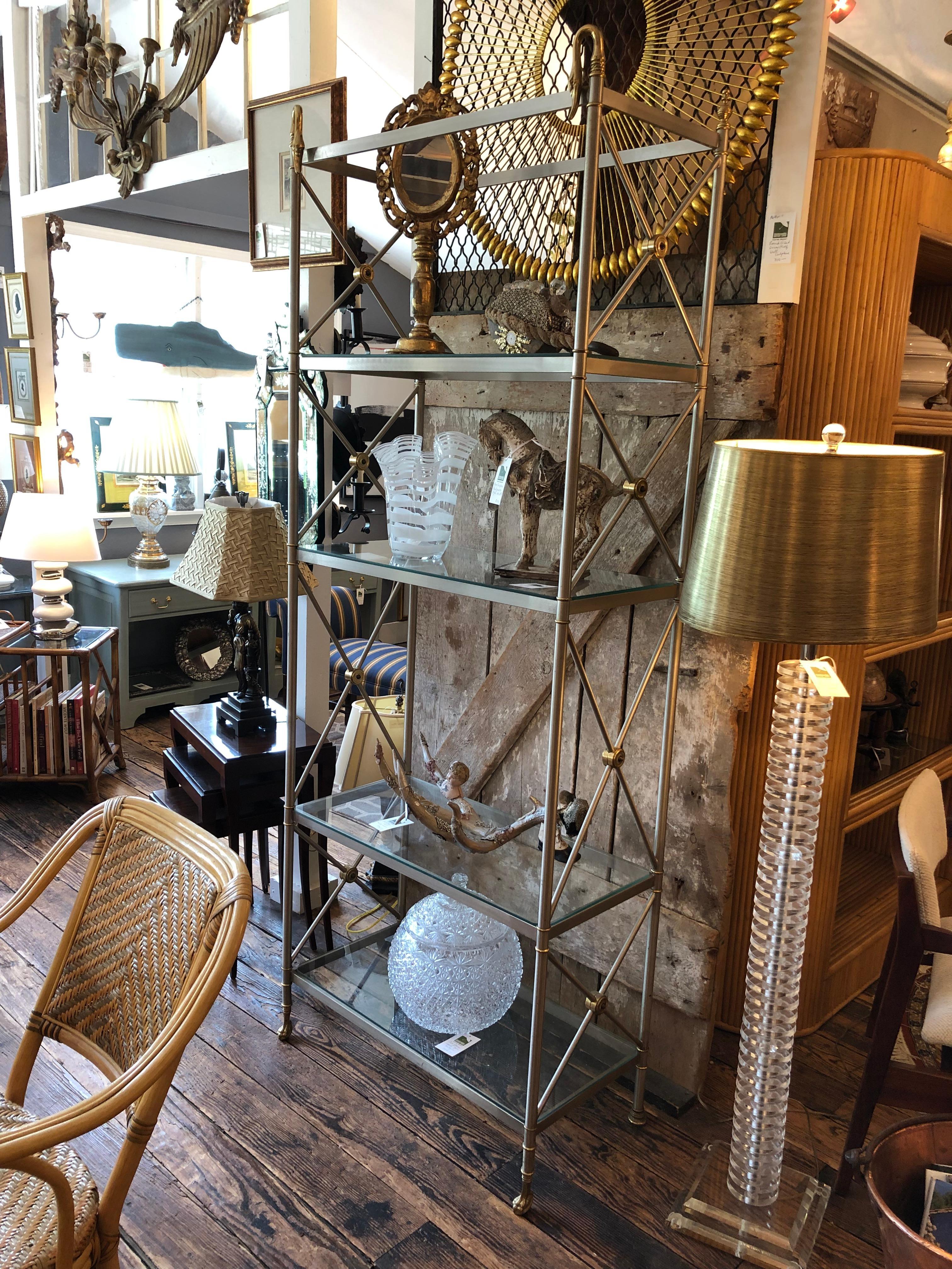 Late 20th Century Hollywood Regency Mixed Steel & Brass Etagere Bookcase Shelves with Swan Finials For Sale