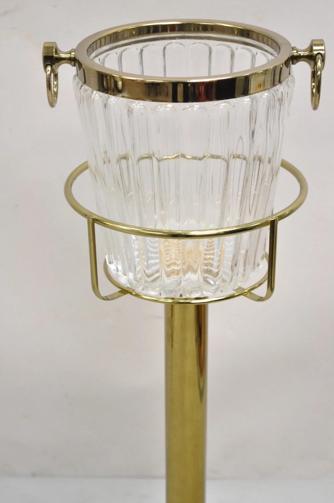 Vintage Hollywood Regency Modern Brass & Glass Champagne Wine Chiller Ice Bucket on Stand. Circa Late 20th Century. Measurements: Overall: 32
