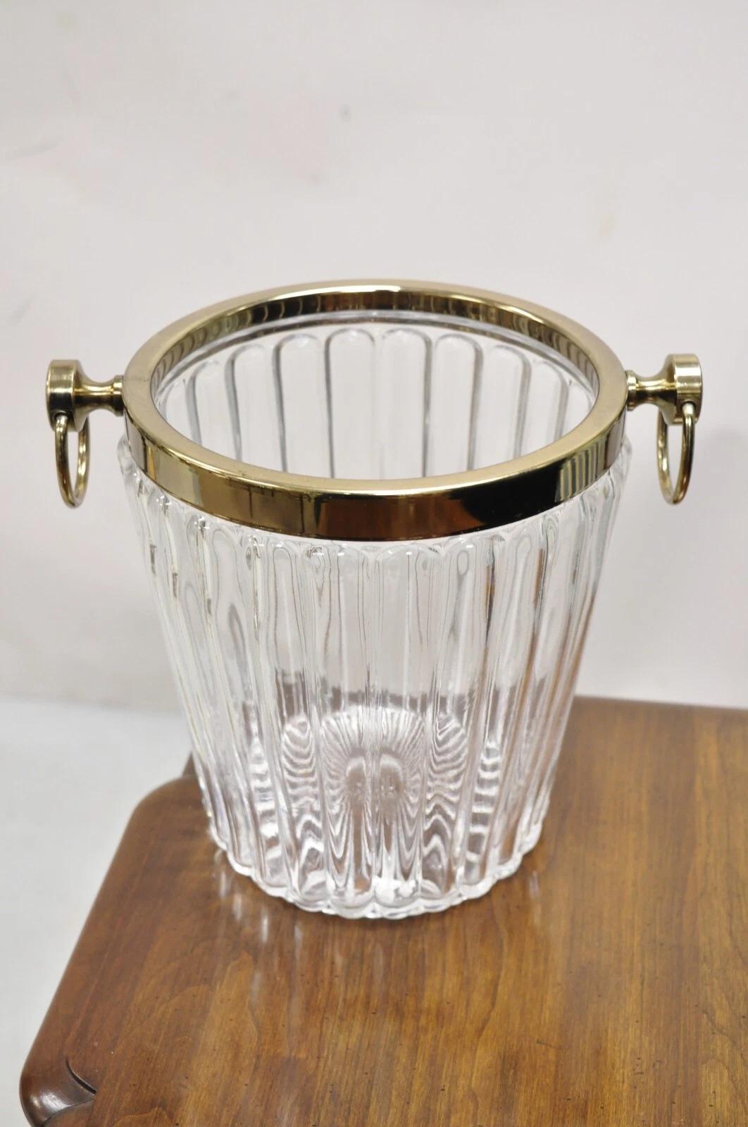 Hollywood Regency Modern Brass Glass Champagne Wine Chiller Ice Bucket on Stand In Good Condition In Philadelphia, PA