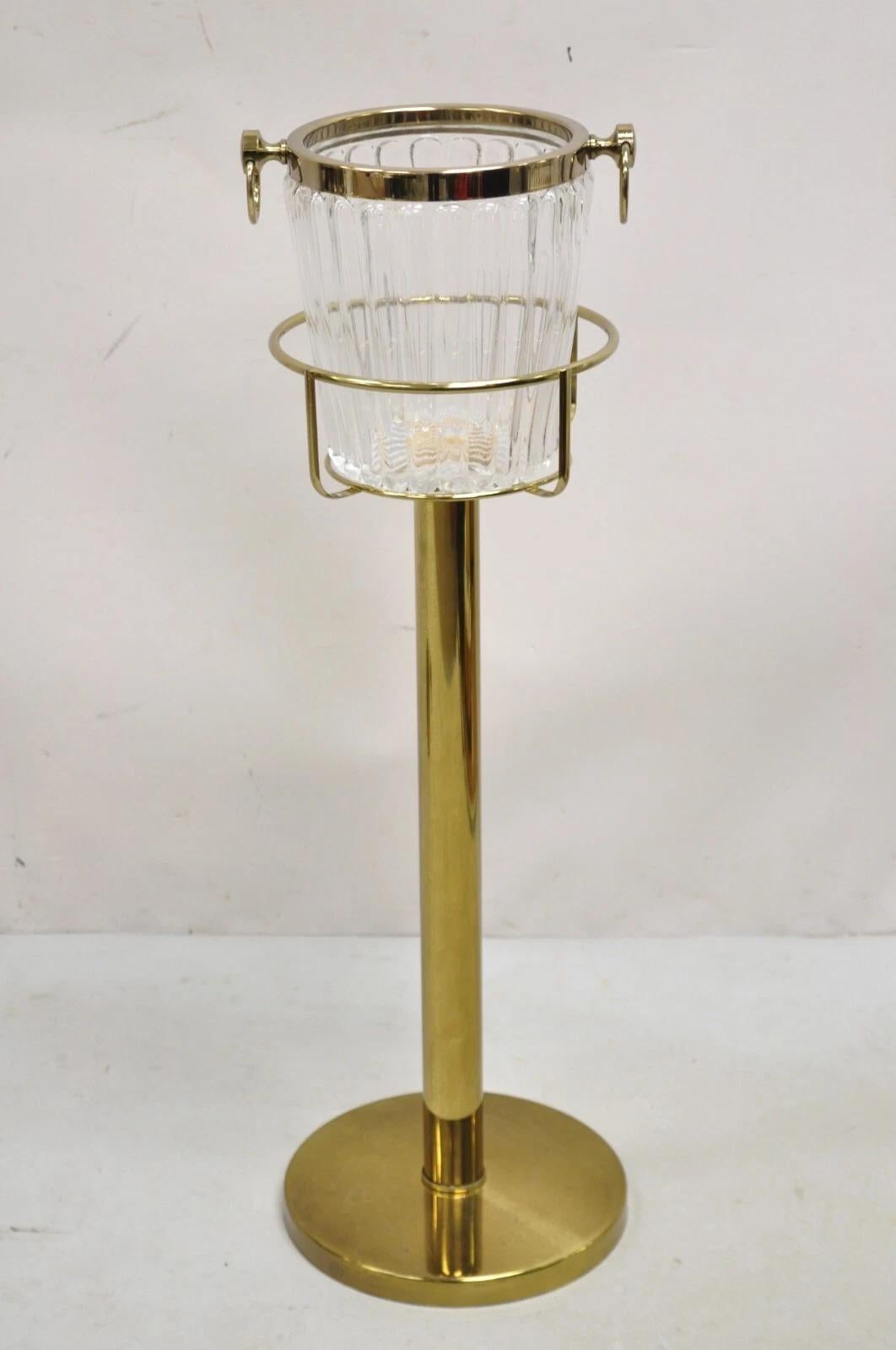 Hollywood Regency Modern Brass Glass Champagne Wine Chiller Ice Bucket on Stand 4