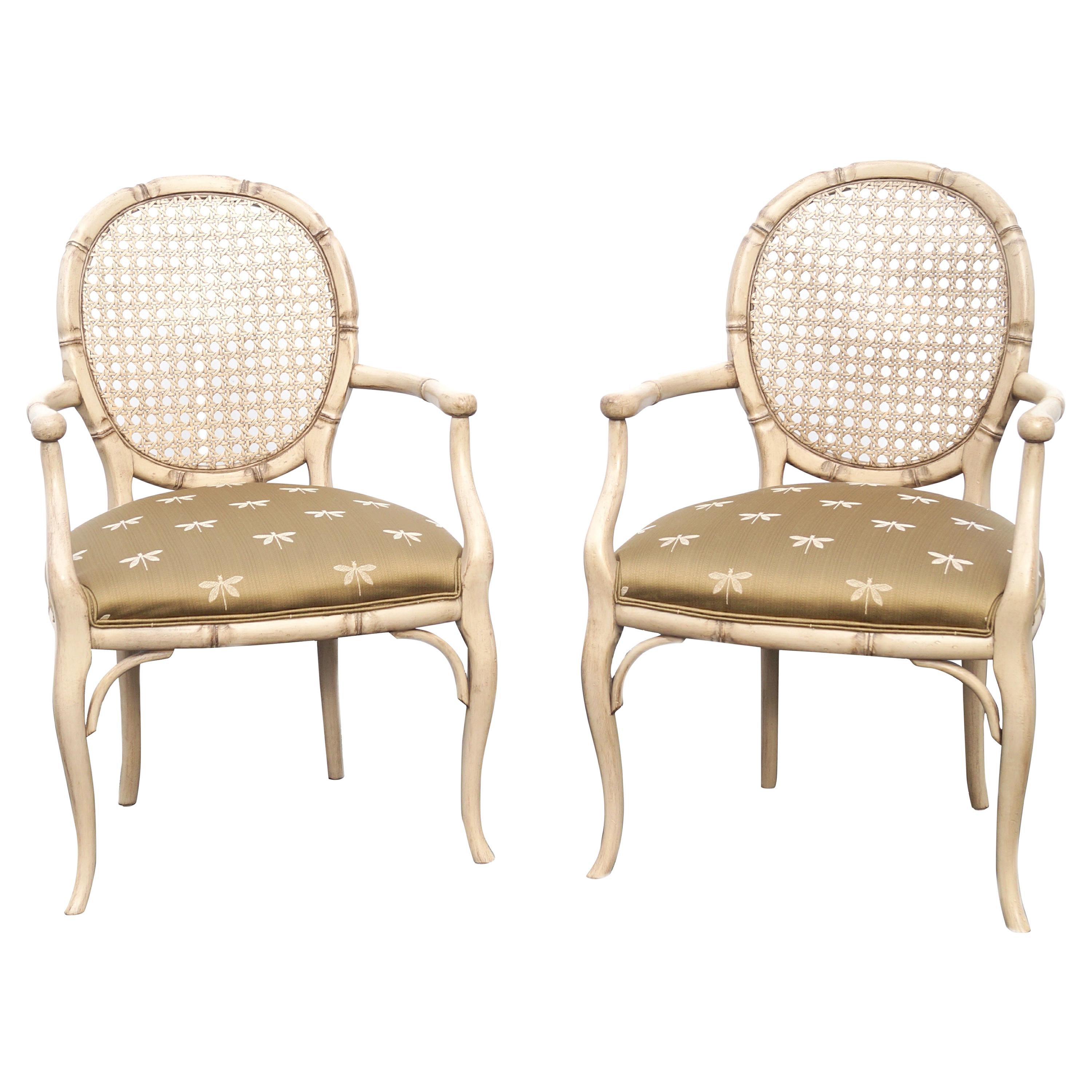 Hollywood Regency Modern Dragonfly French Style Cane Back Pair of Chairs