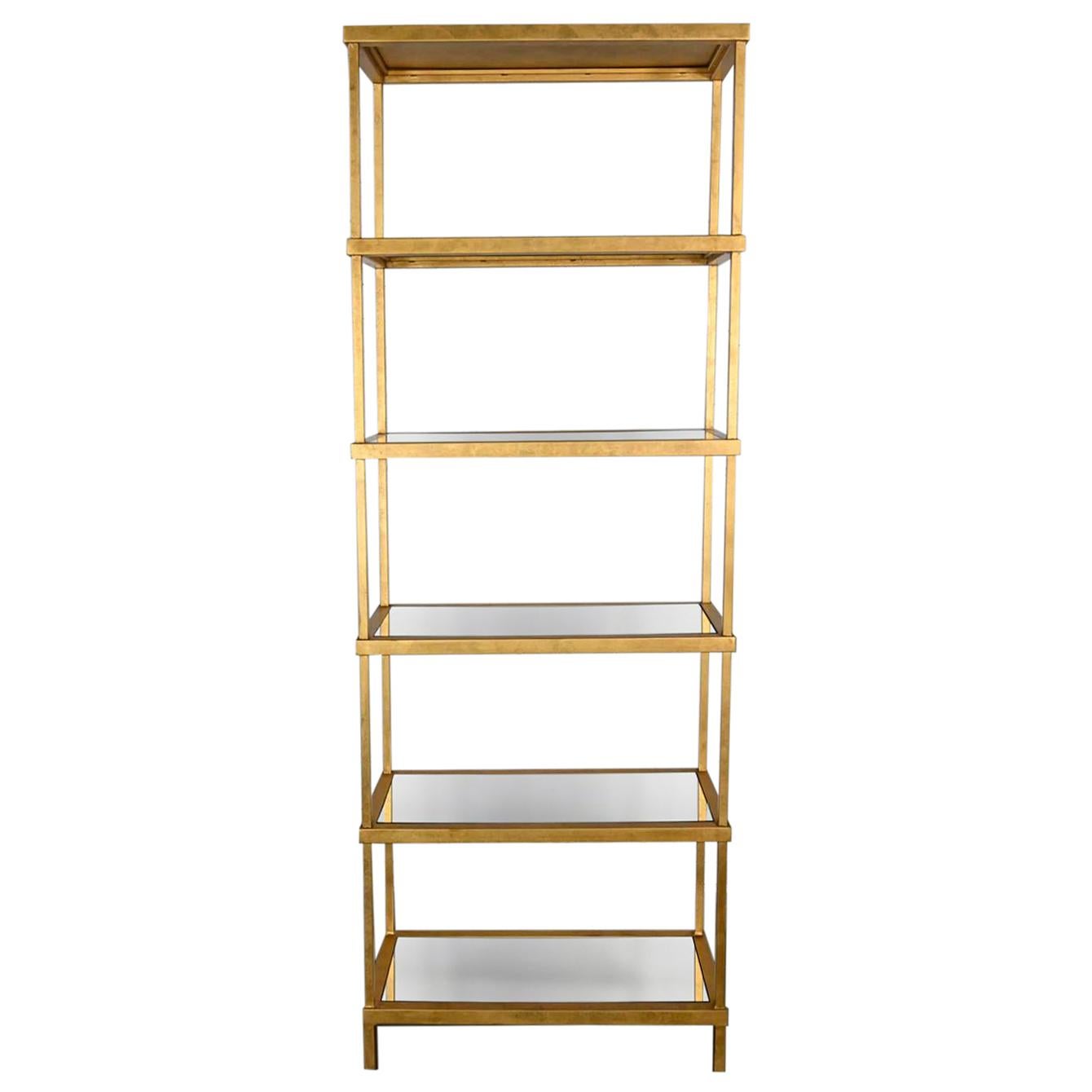 Hollywood Regency Modern Gold Chelsea House Tall Etagere with Mirrored Shelves