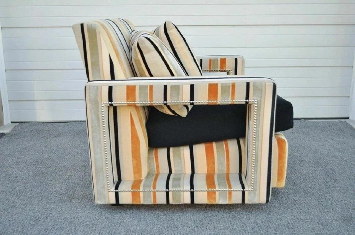 Unknown Hollywood Regency Modern Striped Upholstered Wide Lounge Club Movie Arm Chair For Sale