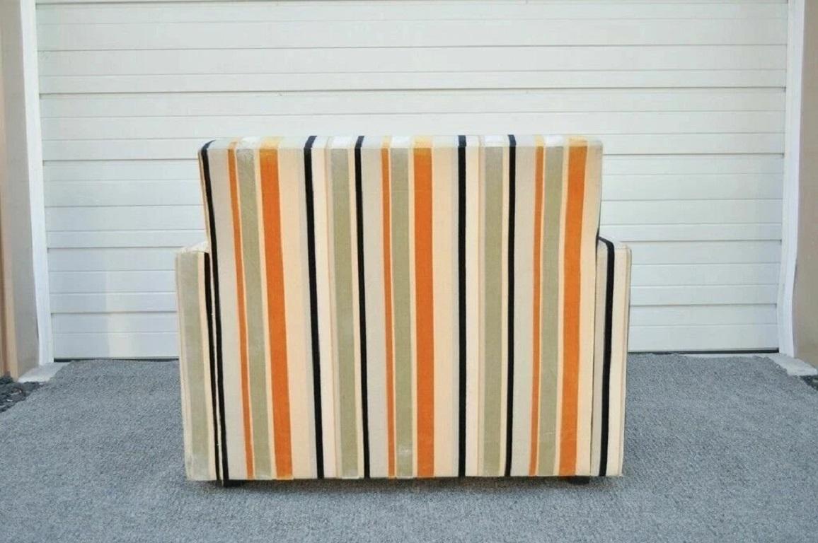 Fabric Hollywood Regency Modern Striped Upholstered Wide Lounge Club Movie Arm Chair For Sale