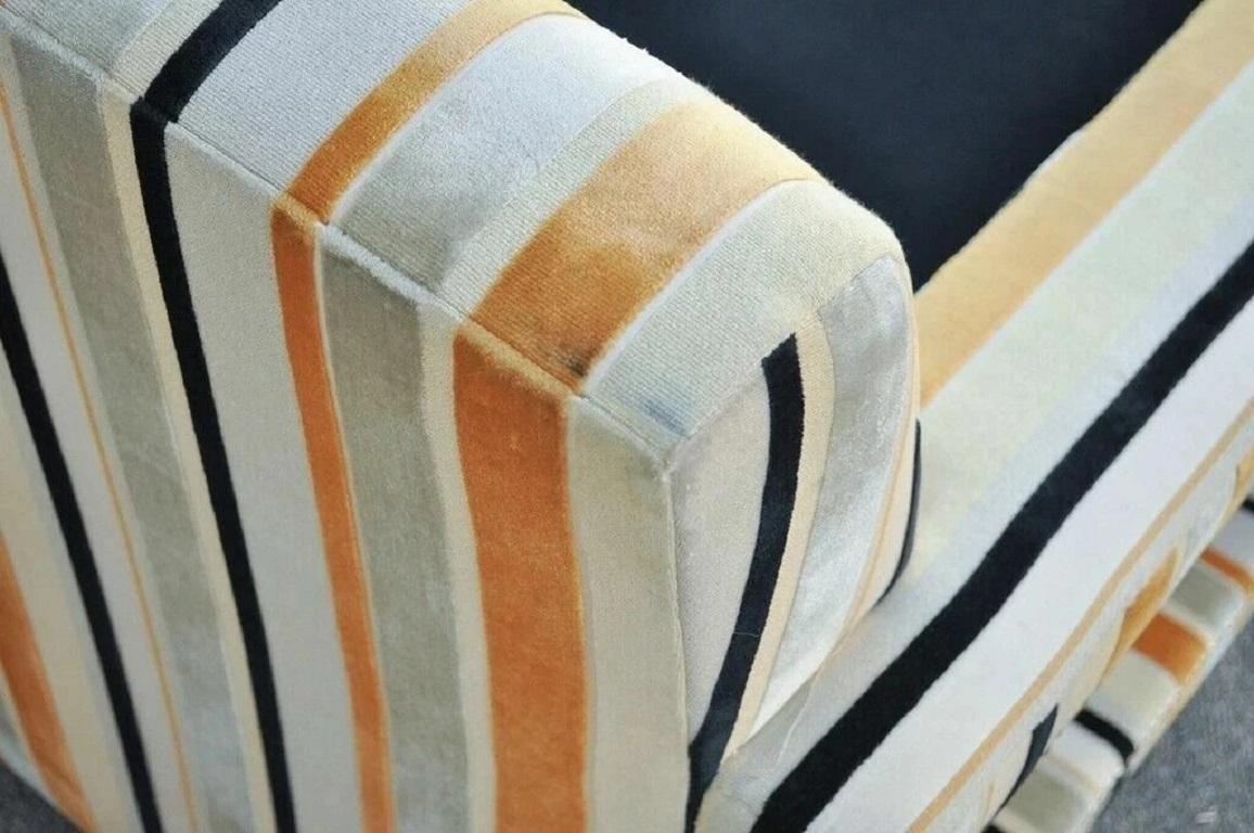 Hollywood Regency Modern Striped Upholstered Wide Lounge Club Movie Arm Chair For Sale 1