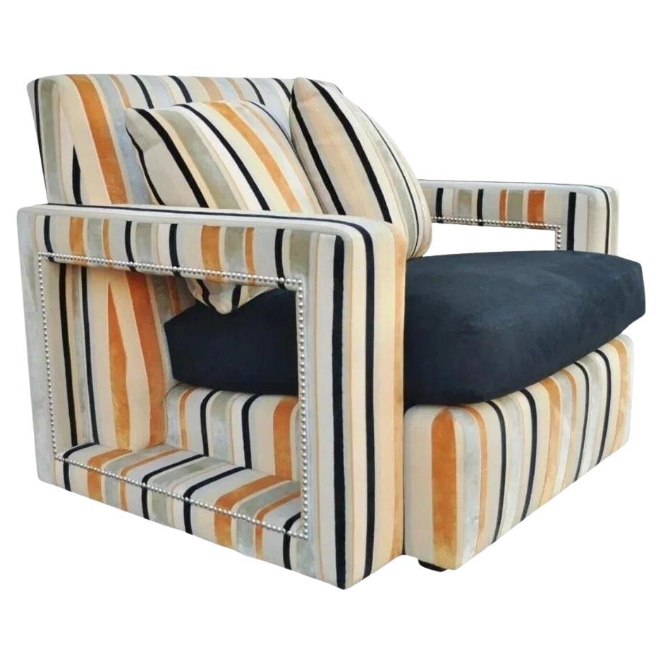 Hollywood Regency Modern Striped Upholstered Wide Lounge Club Movie Arm Chair For Sale