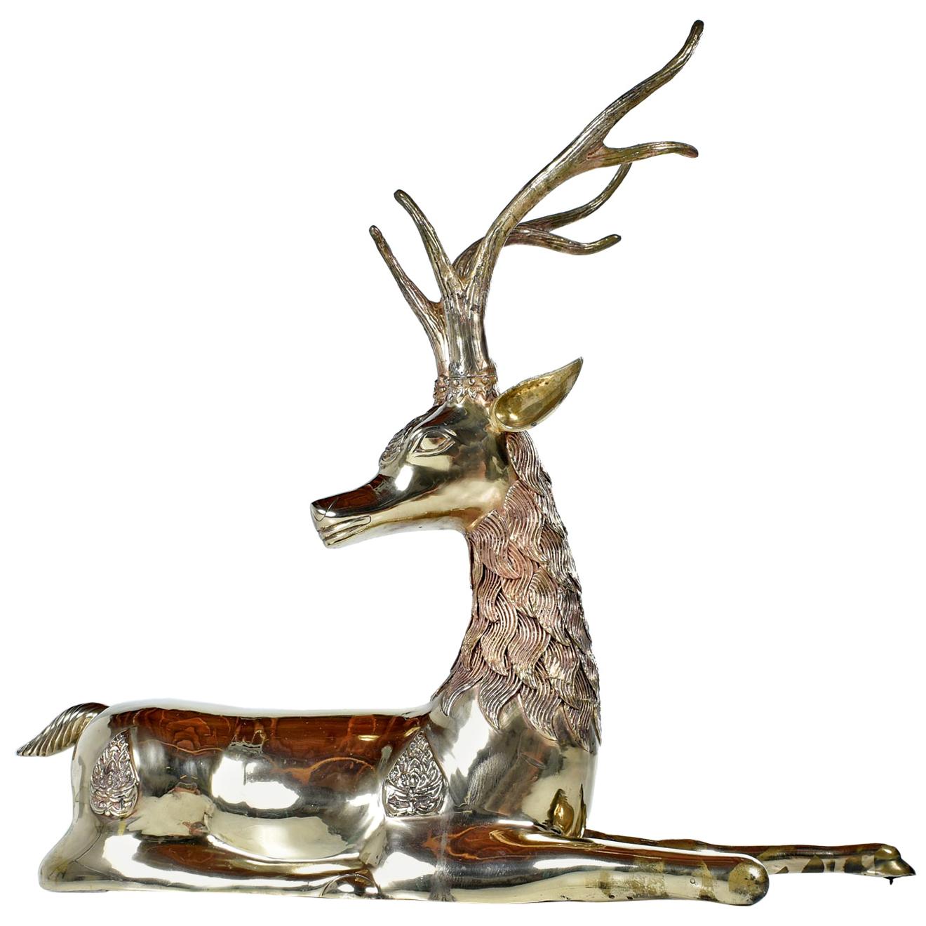Hollywood Regency Monumental 1970s Decorative Seated Brass Deer by Sarreid Ltd.