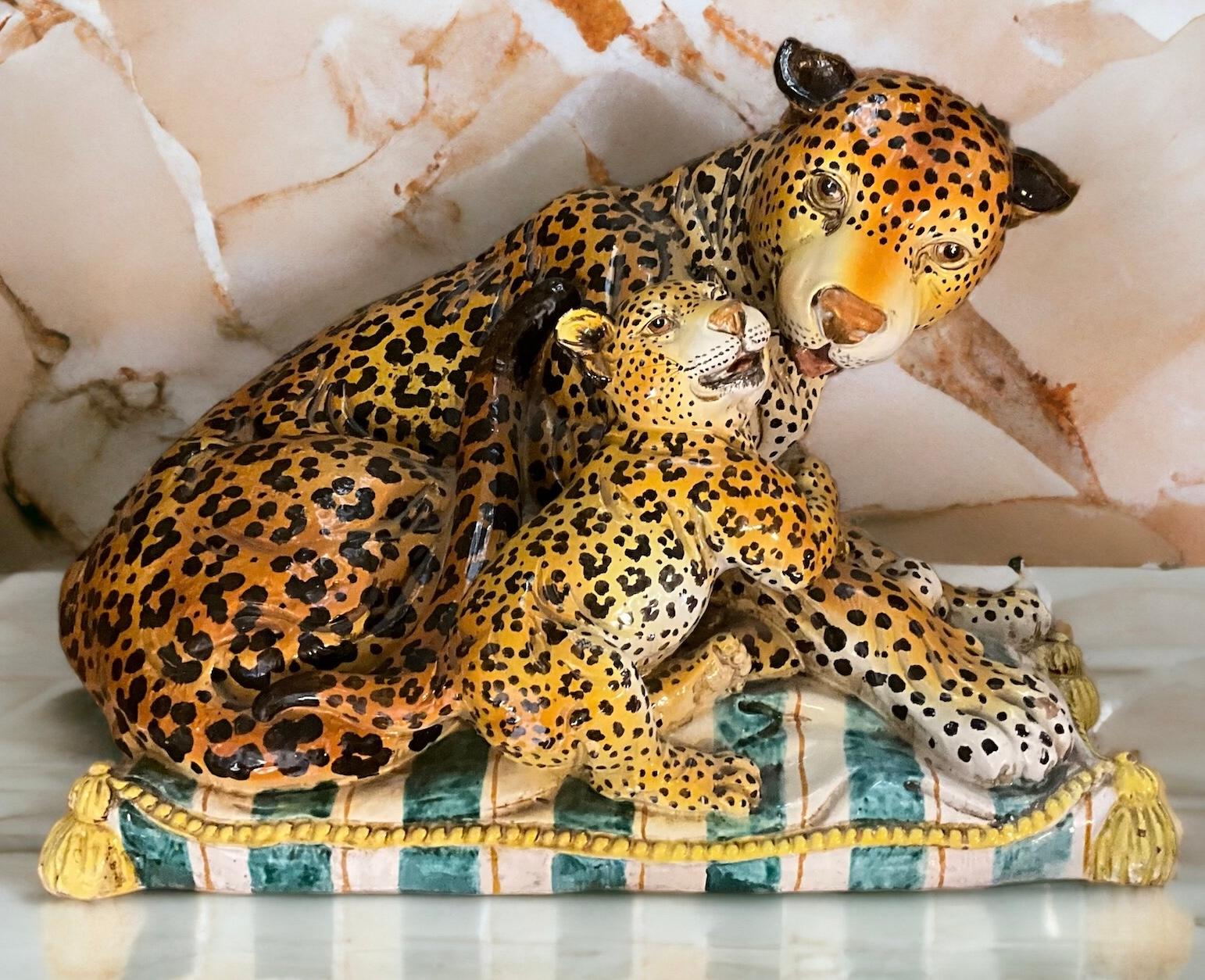 Hollywood Regency Monumental Italian Terracotta Leopard & Cub On Pillow -Signed In Good Condition In Kennesaw, GA