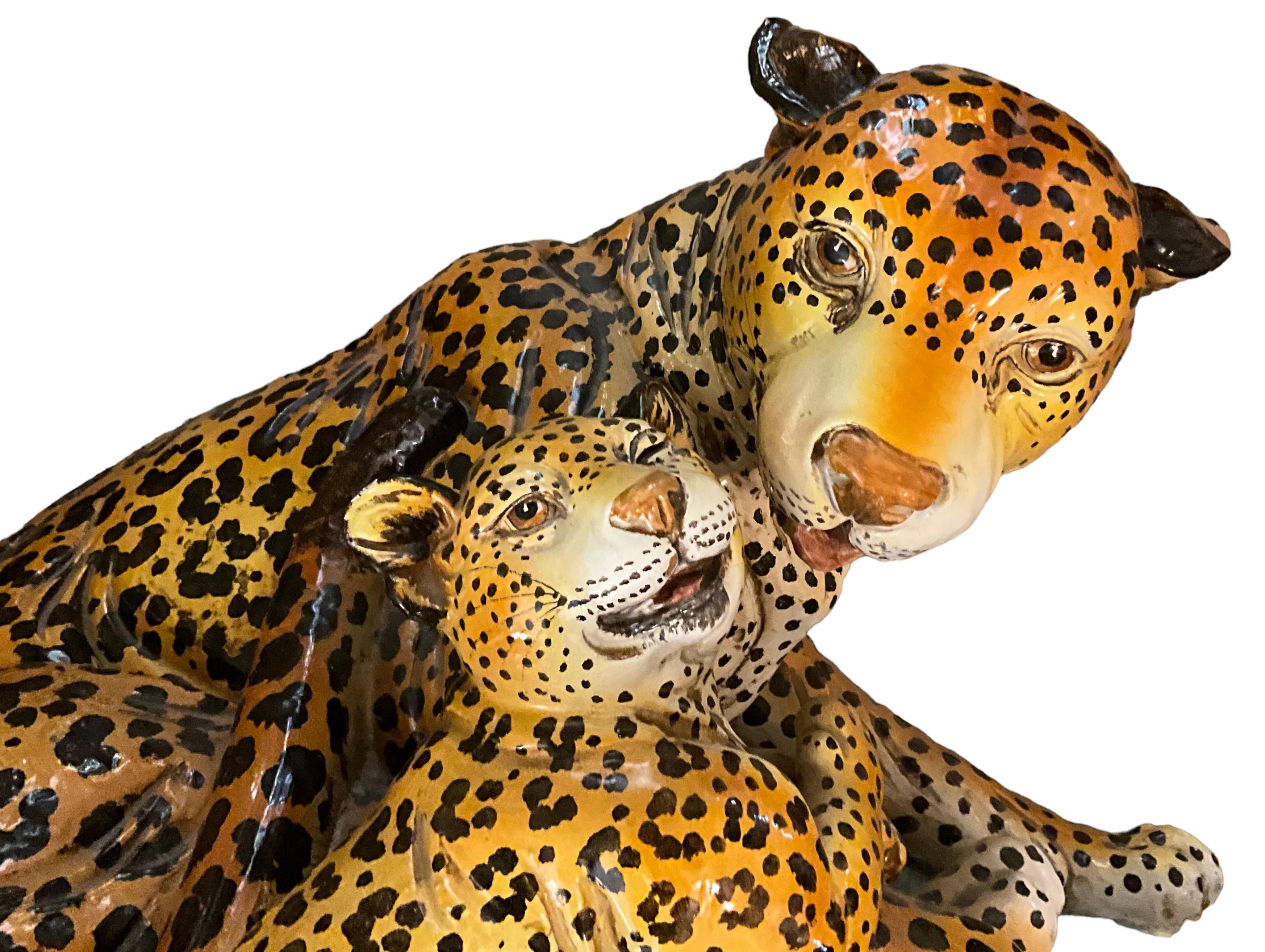 Hollywood Regency Monumental Italian Terracotta Leopard & Cub On Pillow -Signed 1