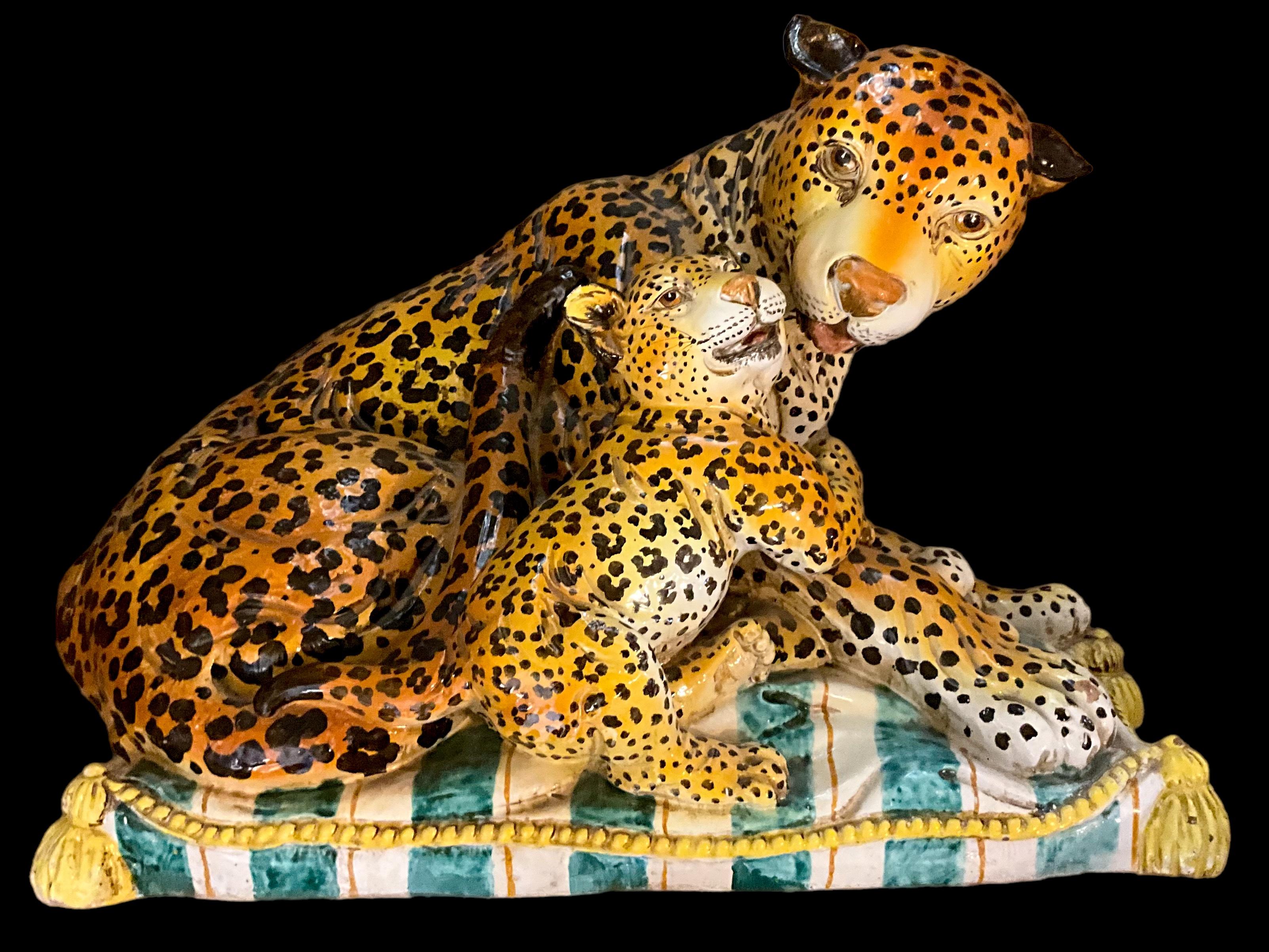 Hollywood Regency Monumental Italian Terracotta Leopard & Cub On Pillow -Signed 2
