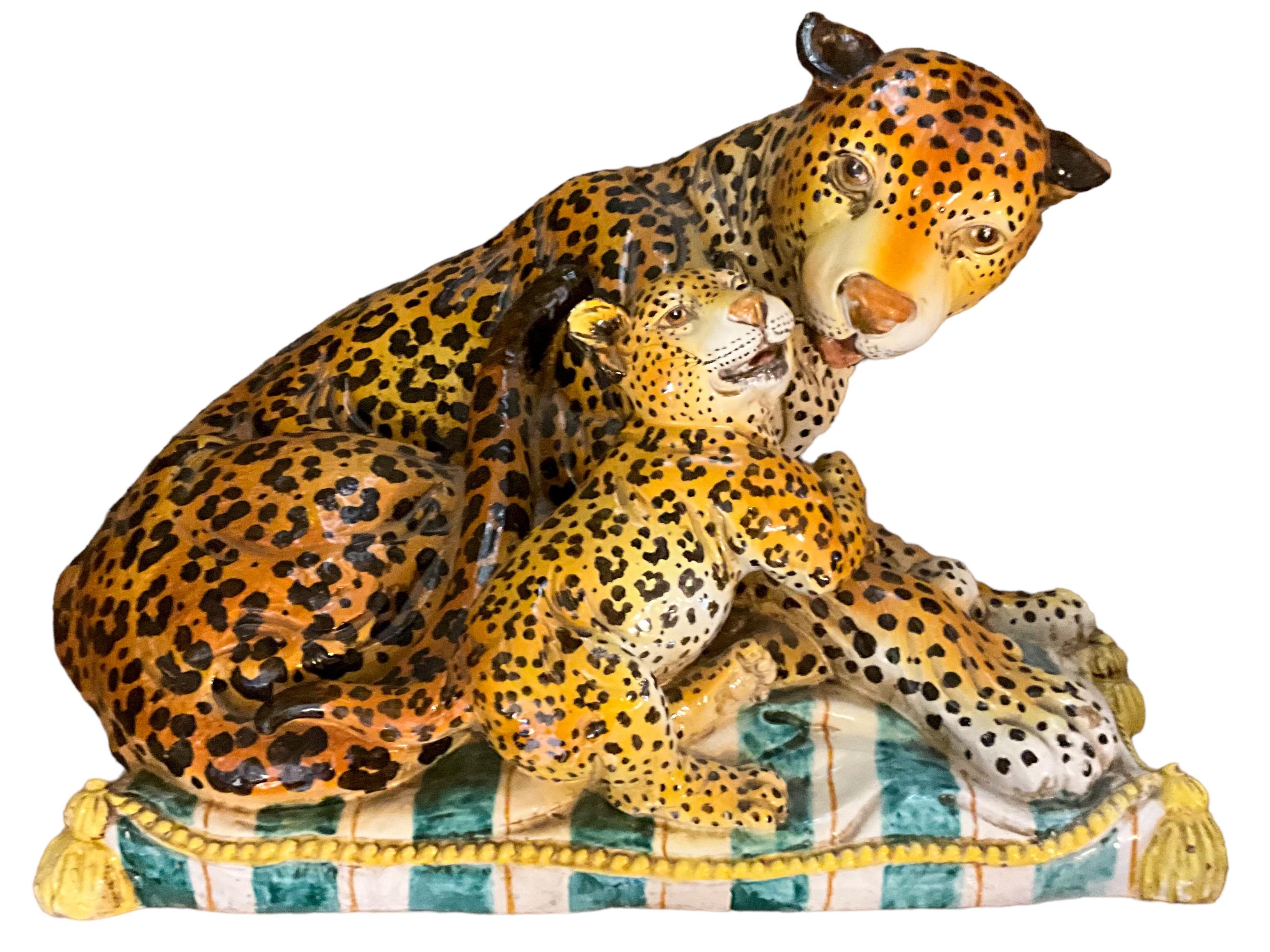 Hollywood Regency Monumental Italian Terracotta Leopard & Cub On Pillow -Signed 3