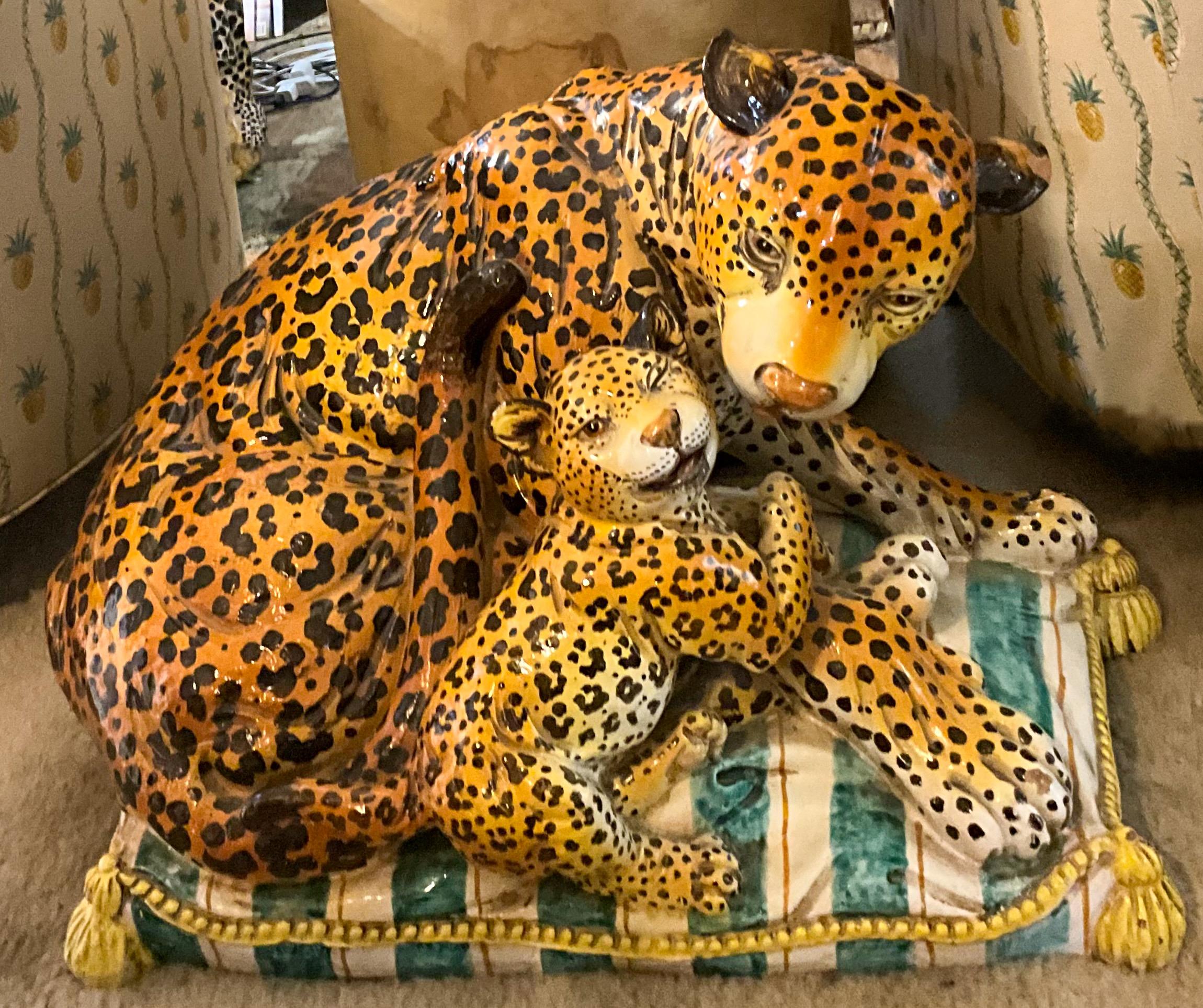 Hollywood Regency Monumental Italian Terracotta Leopard & Cub On Pillow -Signed 4