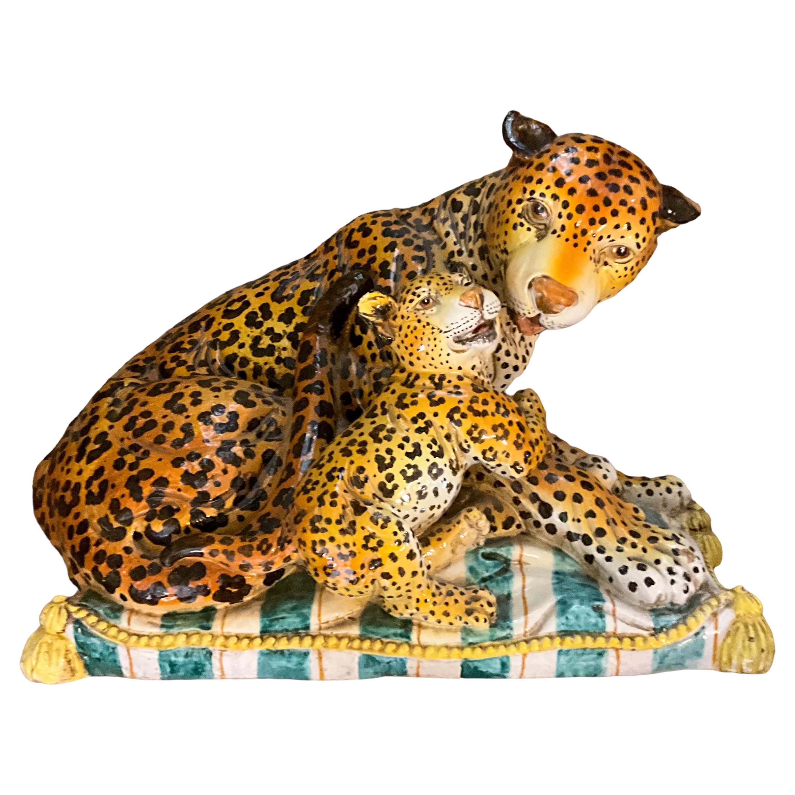 Hollywood Regency Monumental Italian Terracotta Leopard & Cub On Pillow -Signed