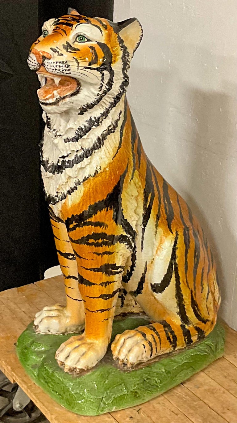 Hollywood Regency Monumental Signed Italian Terracotta Seated Tiger Figurine