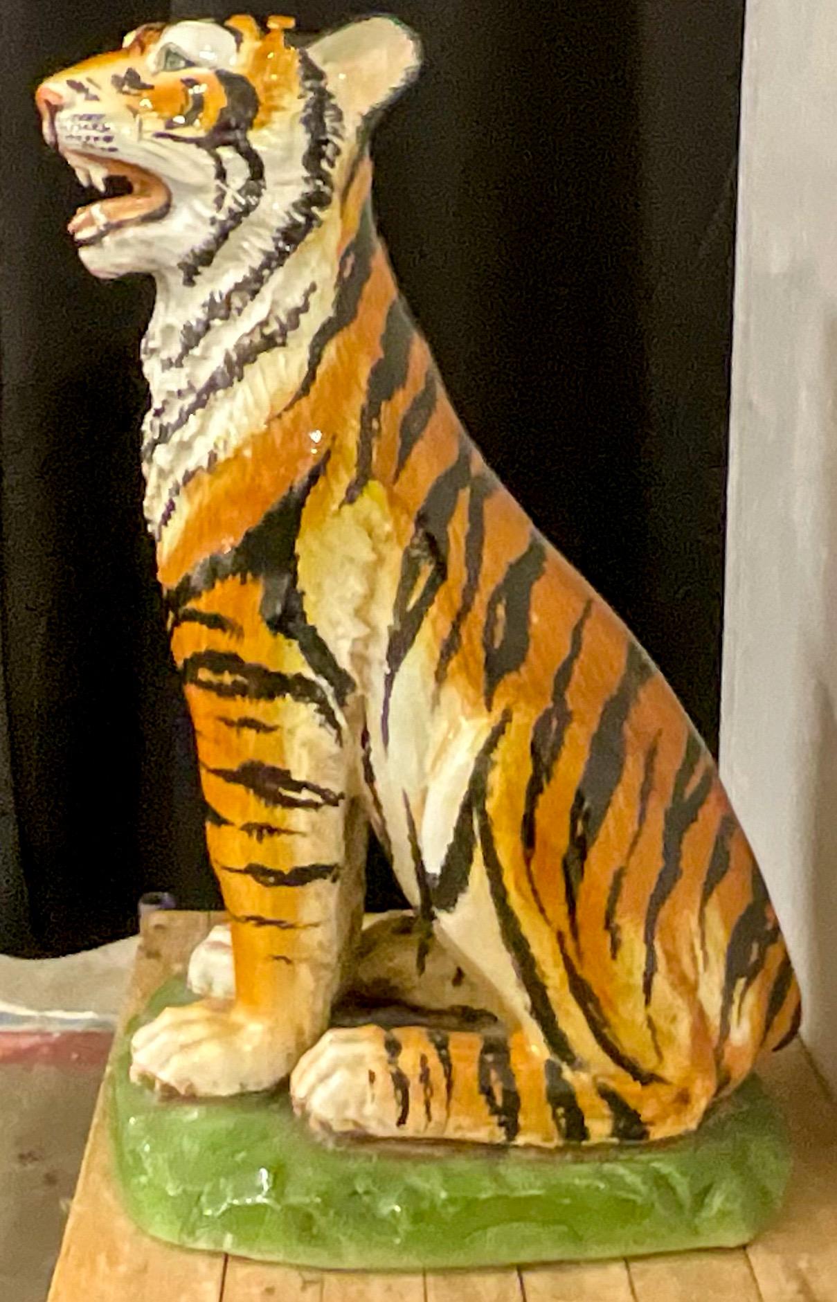 Hollywood Regency Monumental Signed Italian Terracotta Seated Tiger Figurine In Good Condition In Kennesaw, GA