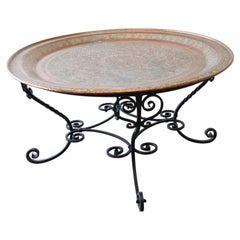 38" 3ft Moroccan Hand-Hammered Copper Tray Wrought Iron Coffee Table