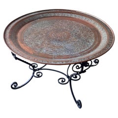 38" 3ft Moroccan Hand-Hammered Copper Tray Wrought Iron Coffee Table
