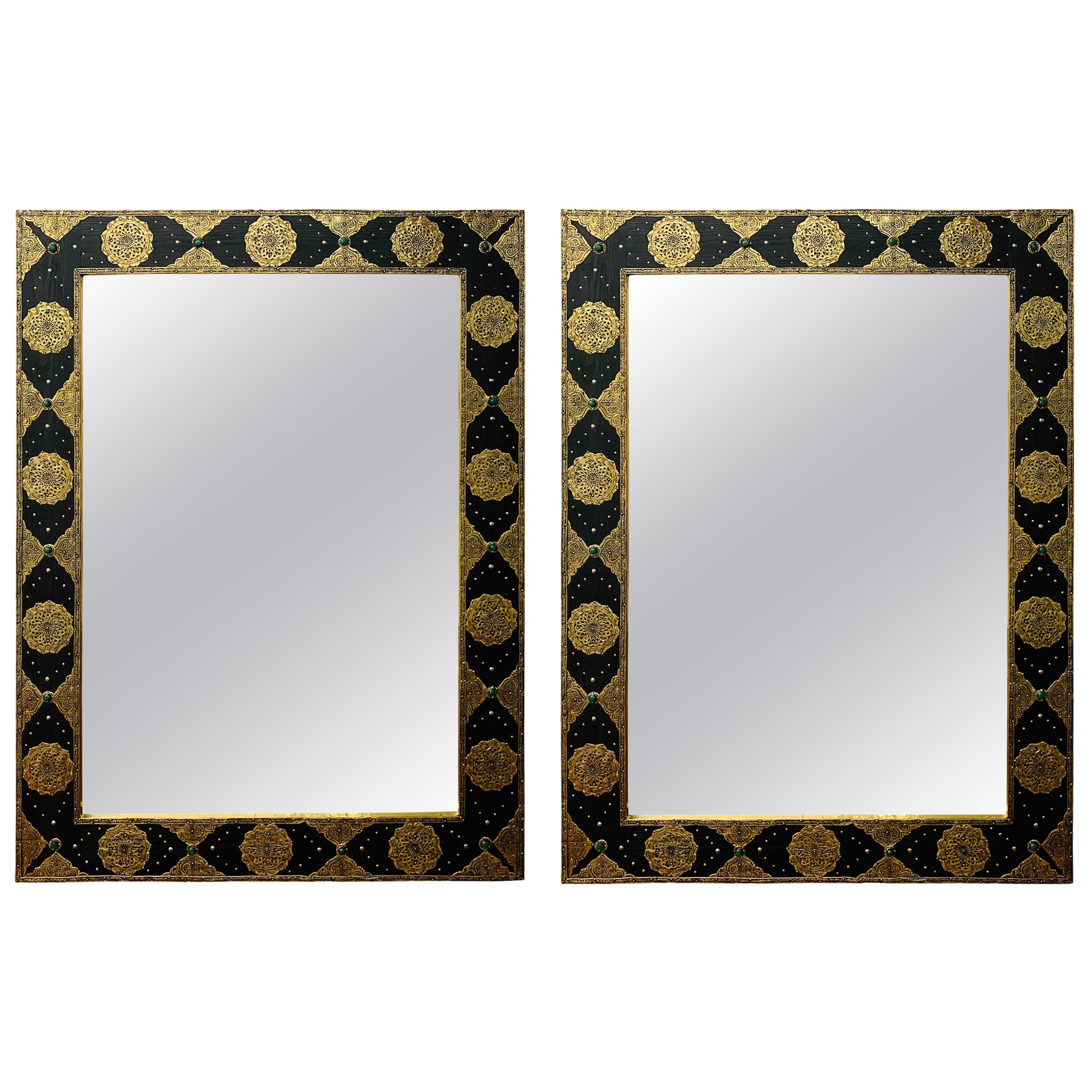 Hollywood Regency Style Mirror with Filigree Brass Inlay on Ebony, a Pair 