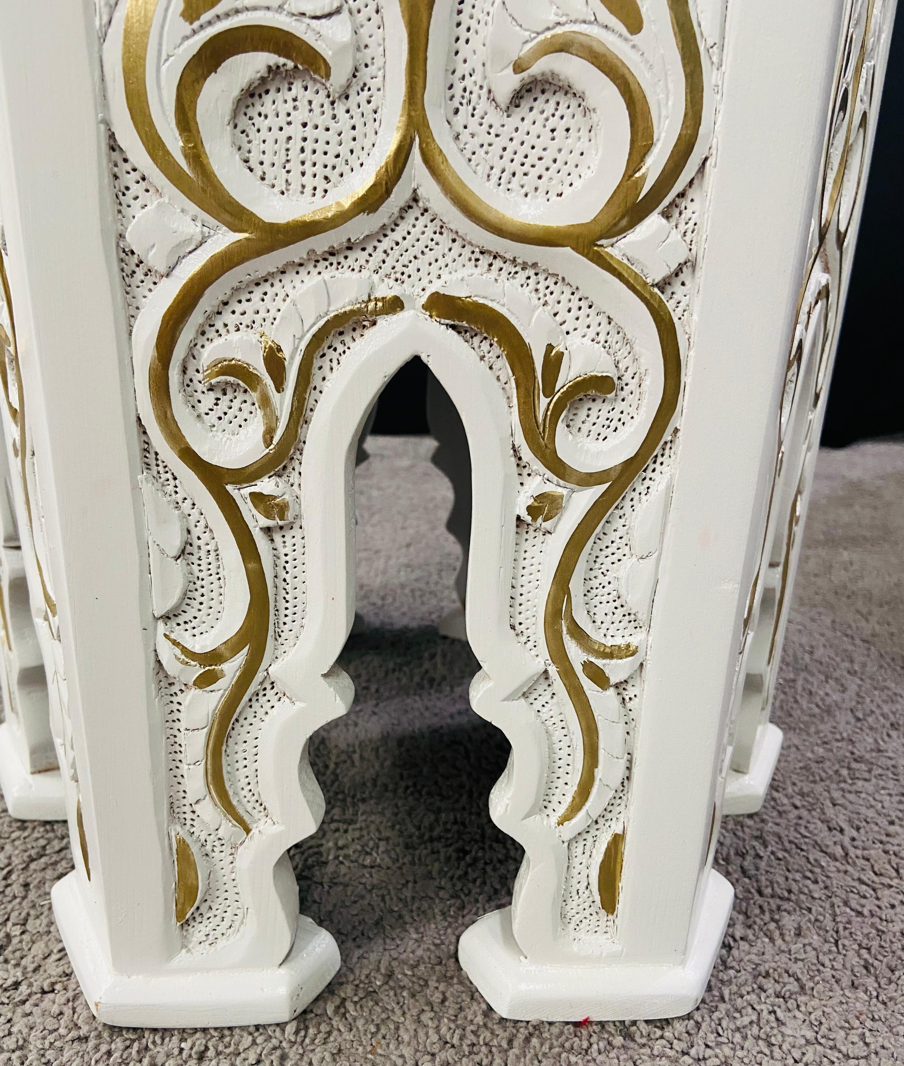 Hollywood Regency Moroccan Stye Side or End Table White with Gold Design, a Pair For Sale 5