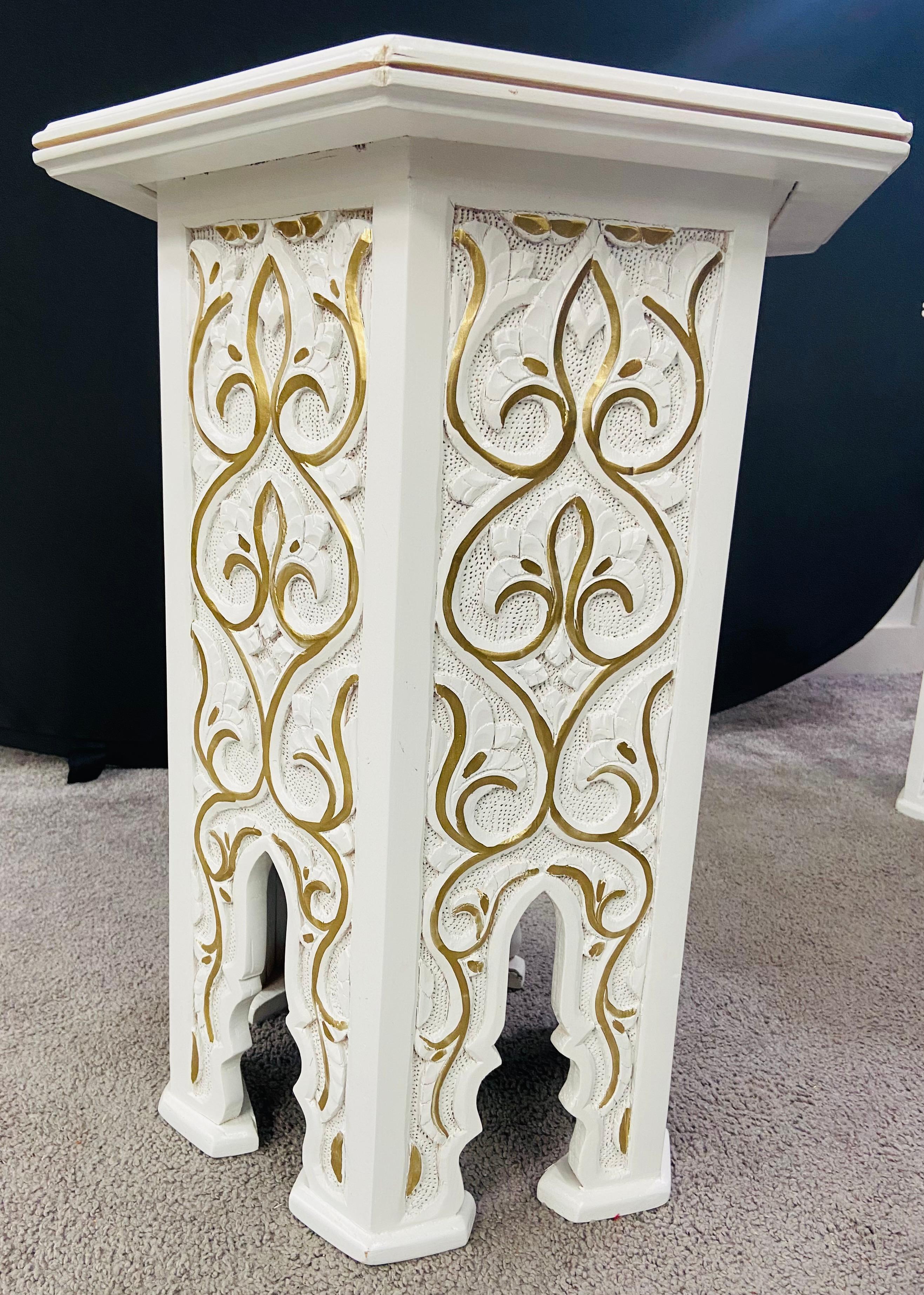 Hollywood Regency Moroccan Stye Side or End Table White with Gold Design, a Pair For Sale 6