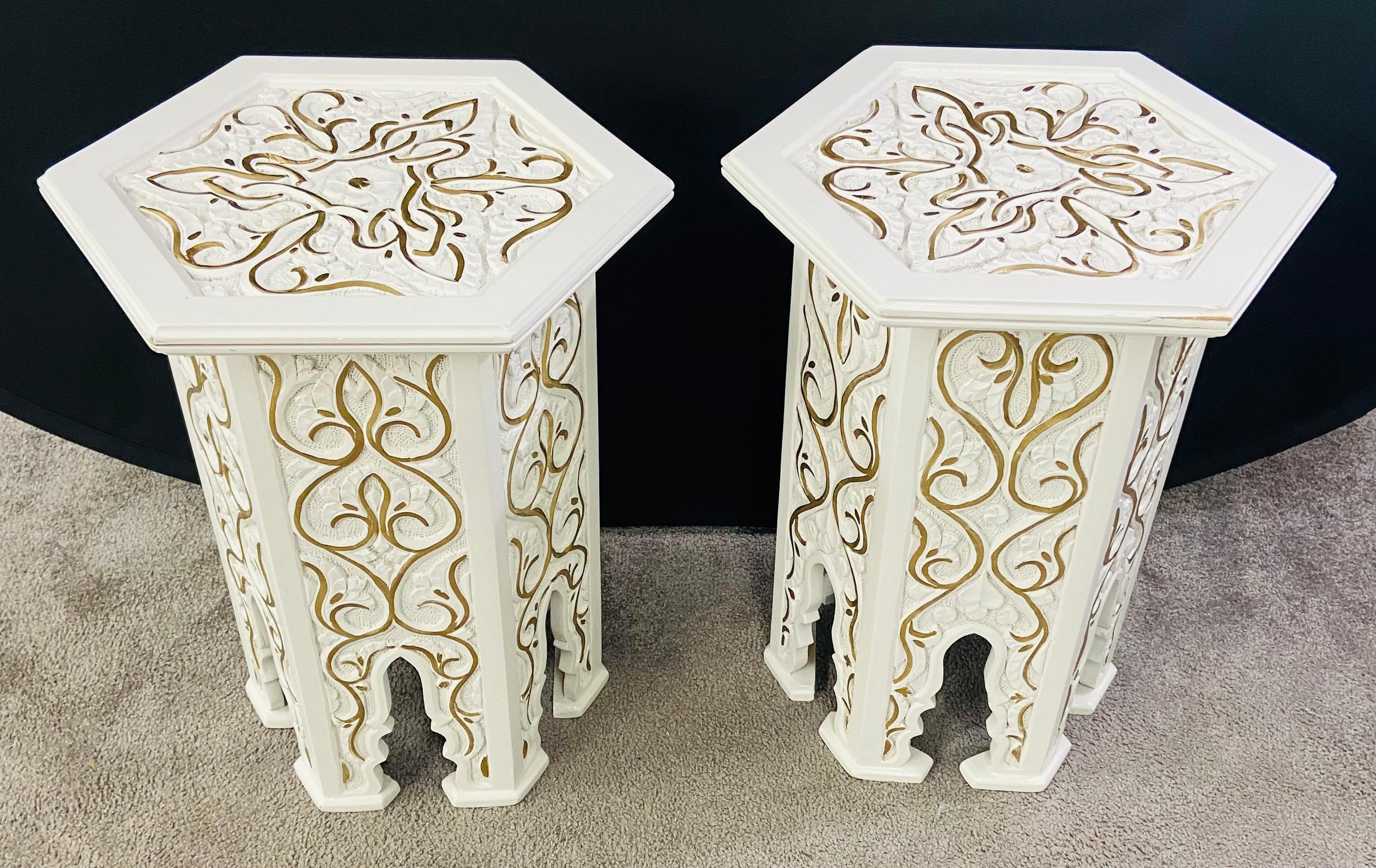 Hollywood Regency Moroccan Stye Side or End Table White with Gold Design, a Pair In Good Condition For Sale In Plainview, NY