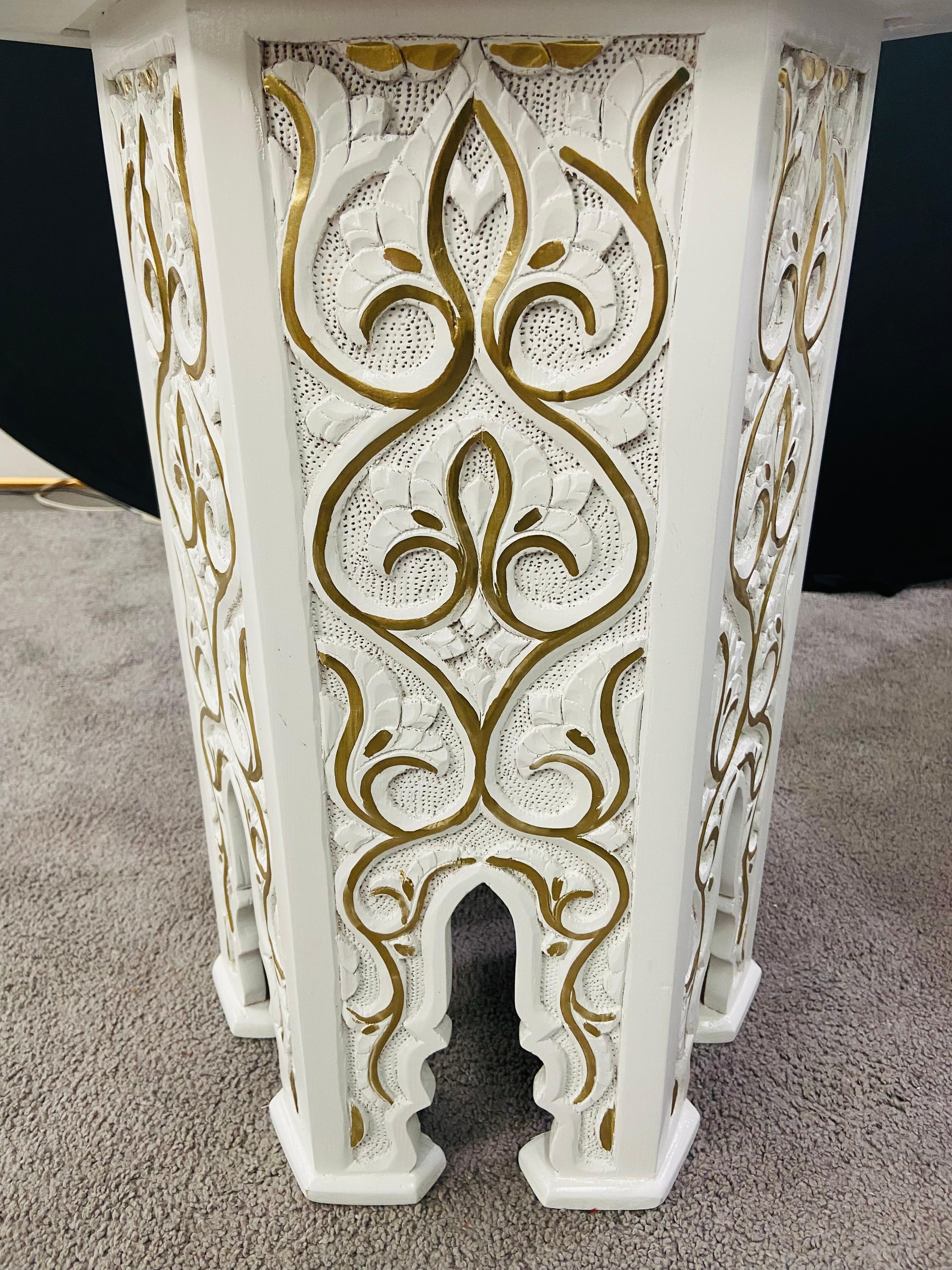 Hollywood Regency Moroccan Stye Side or End Table White with Gold Design, a Pair For Sale 3