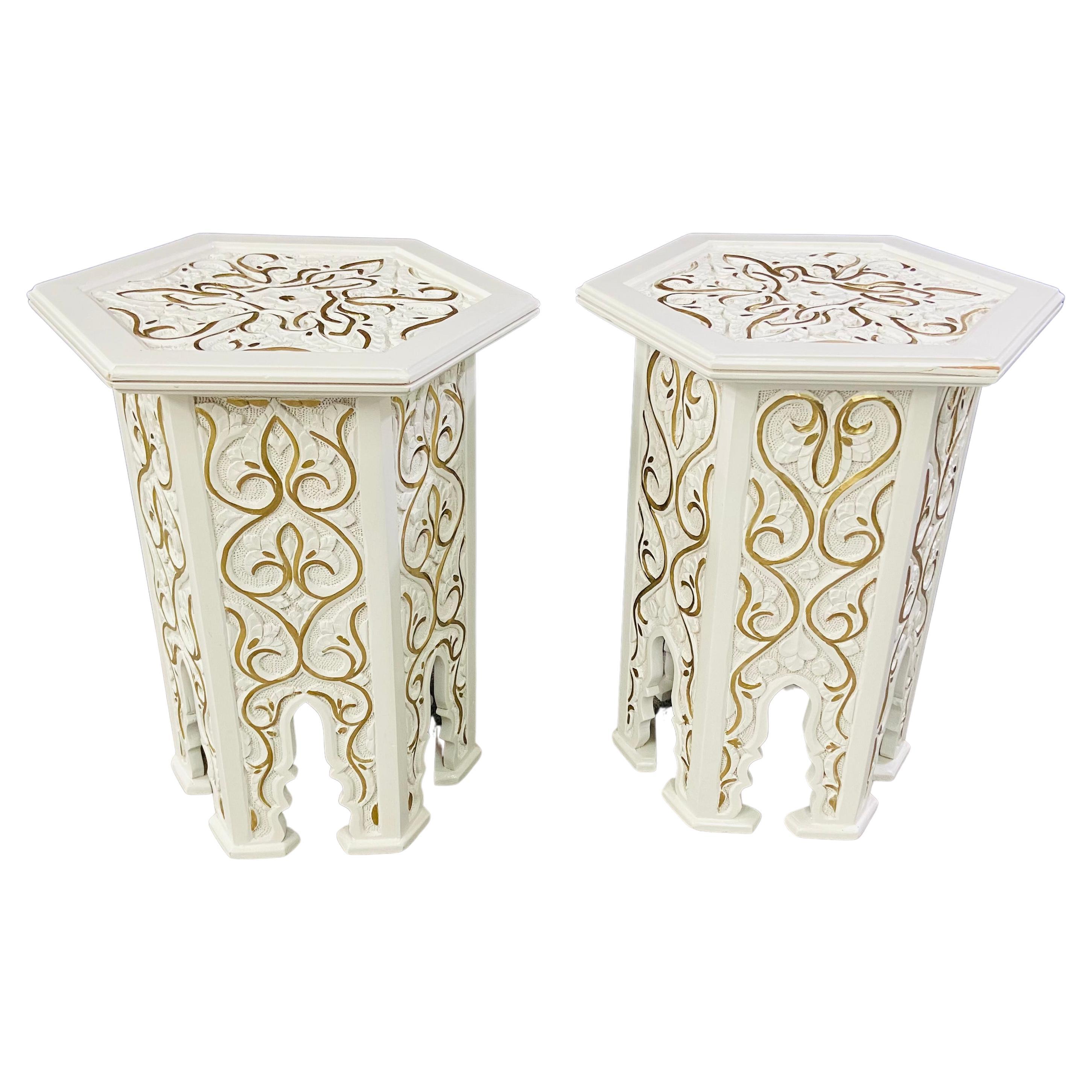 Hollywood Regency Moroccan Stye Side or End Table White with Gold Design, a Pair For Sale