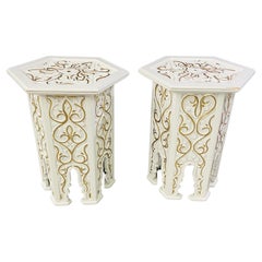 Vintage Hollywood Regency Moroccan Stye Side or End Table White with Gold Design, a Pair