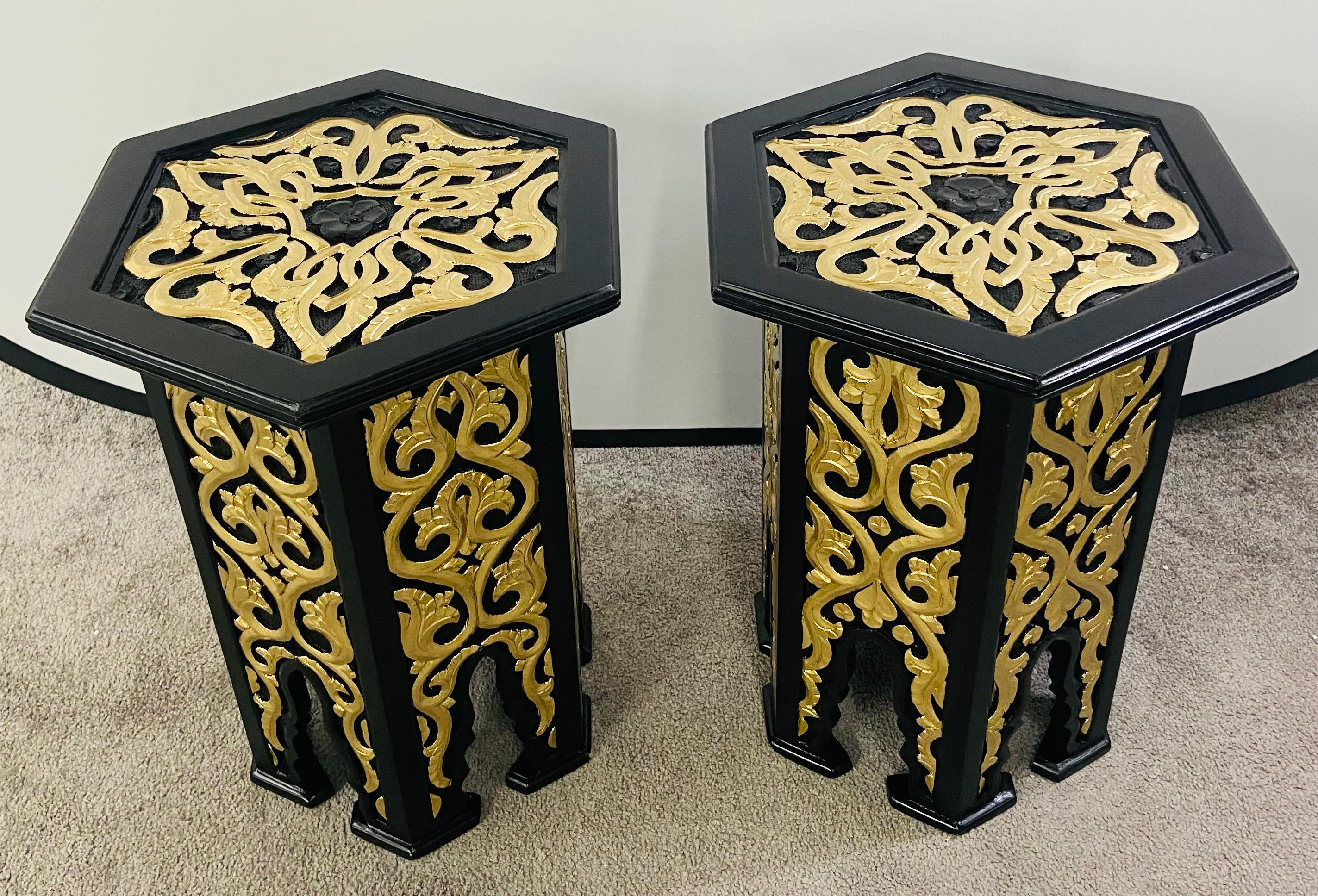 Hollywood Regency Moroccan Stye Side or End Table Black with Gold Design, a Pair In Good Condition For Sale In Plainview, NY