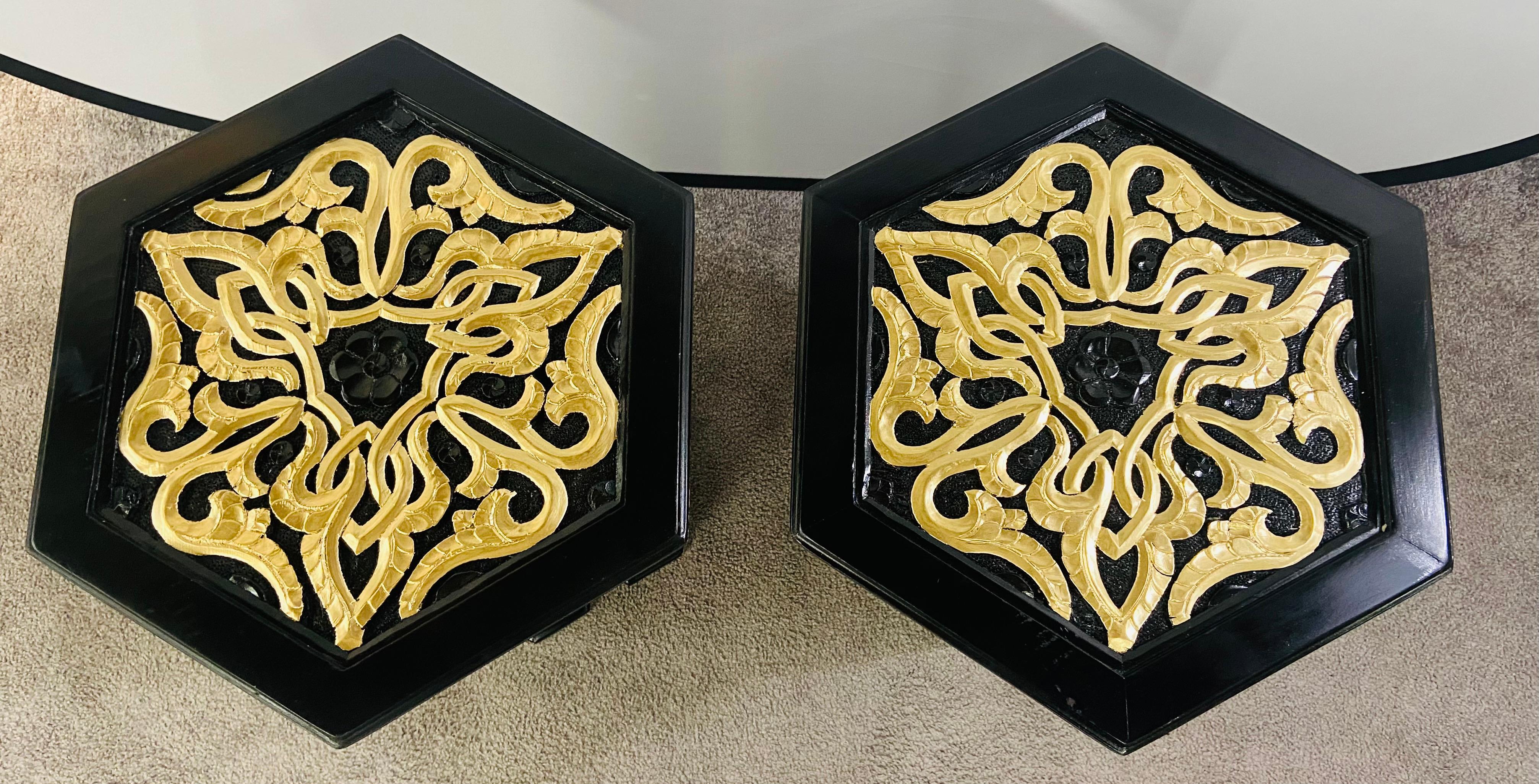 20th Century Hollywood Regency Moroccan Stye Side or End Table Black with Gold Design, a Pair For Sale