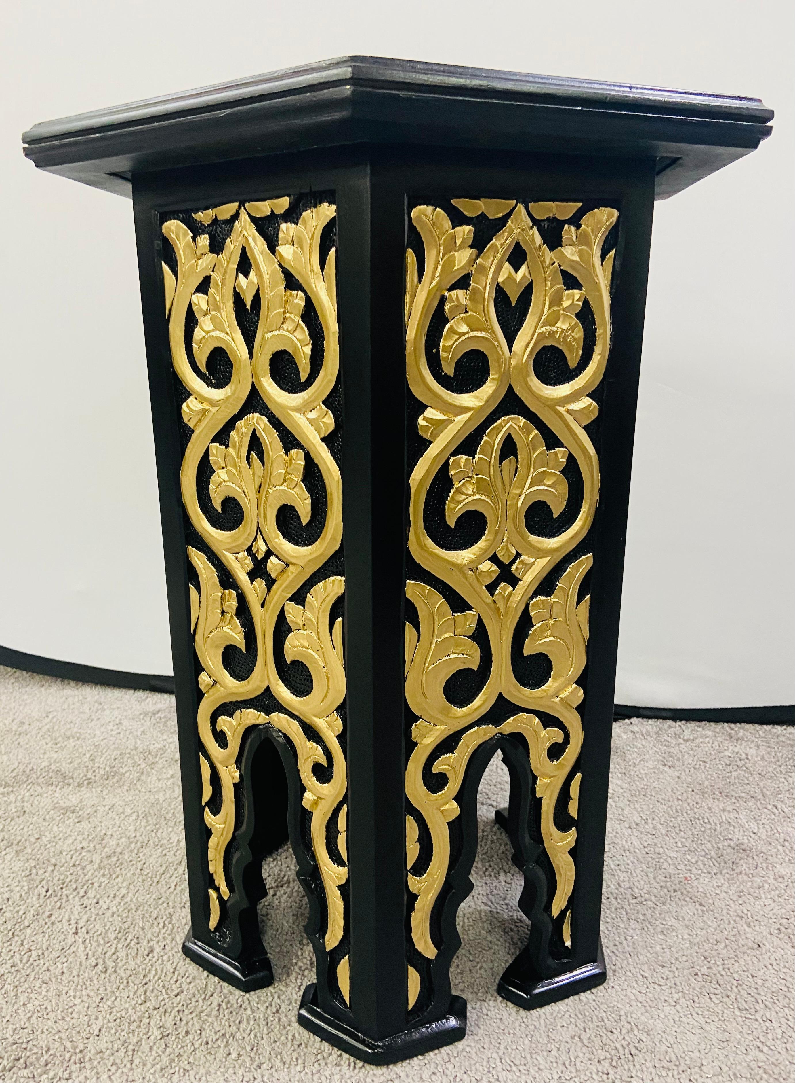 Hollywood Regency Moroccan Stye Side or End Table Black with Gold Design, a Pair For Sale 2