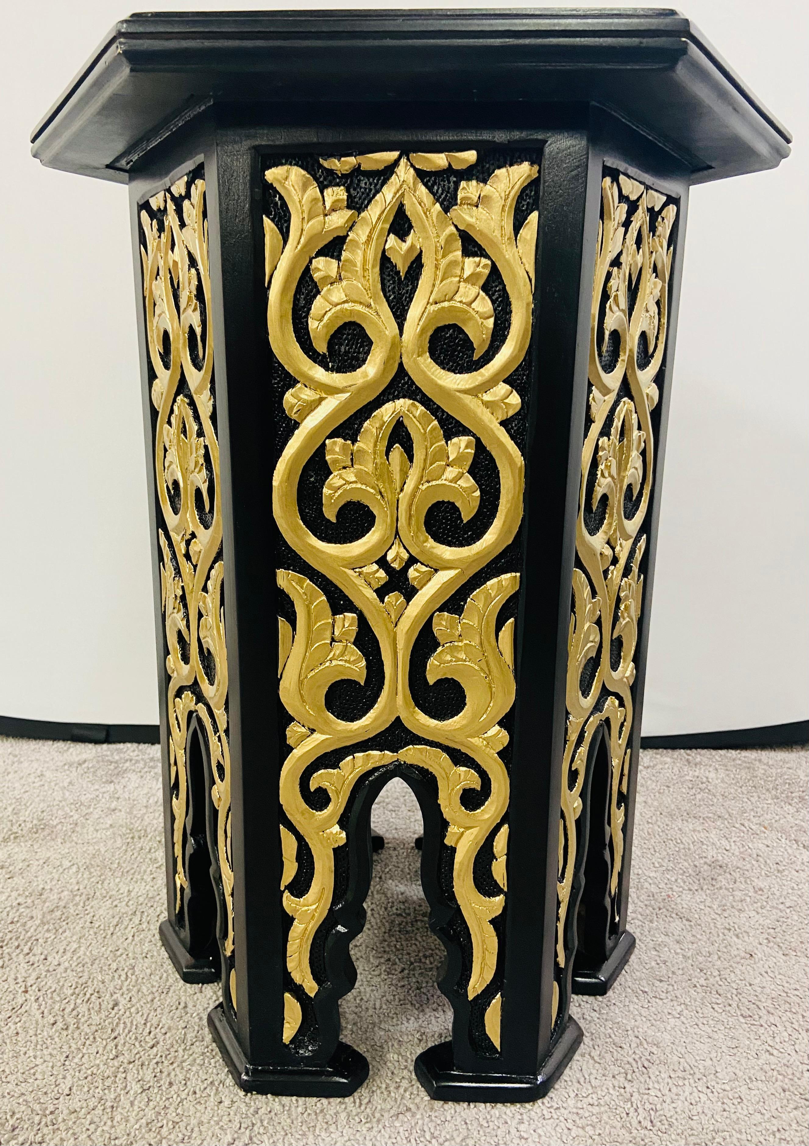 Hollywood Regency Moroccan Stye Side or End Table Black with Gold Design, a Pair For Sale 3