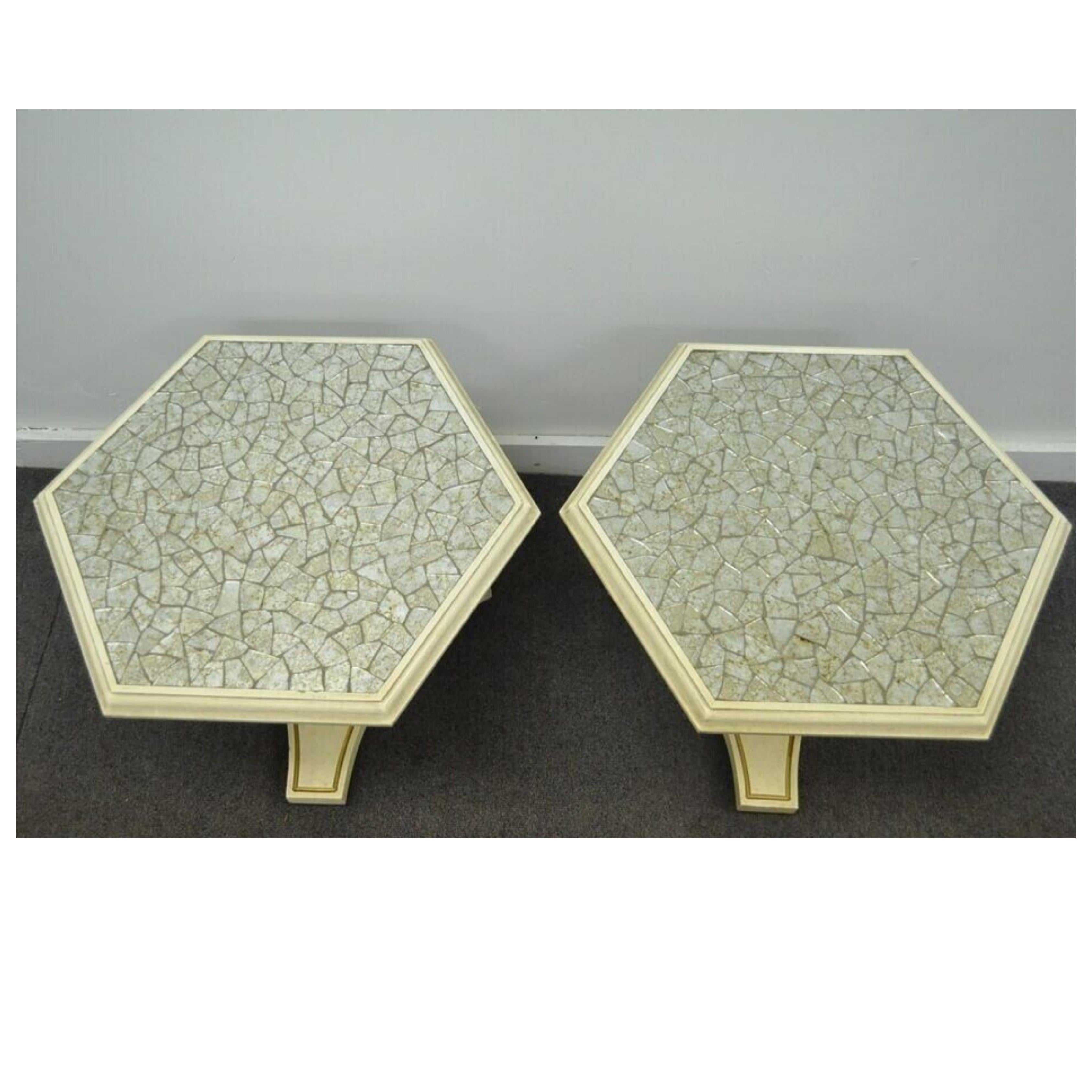 Hollywood Regency Mosaic Glass Tile Top Low Pedestal Side Tables - a Pair In Good Condition For Sale In Philadelphia, PA