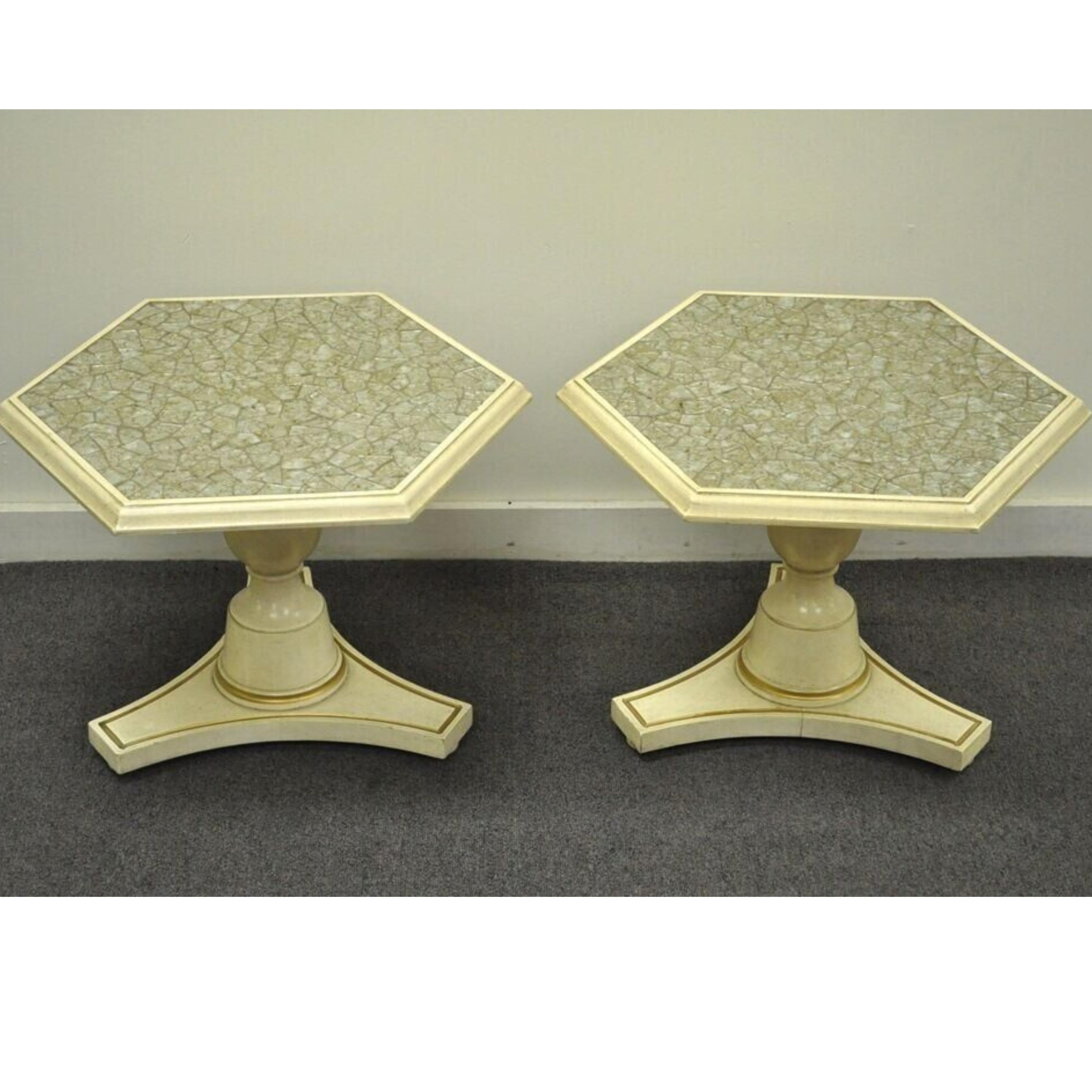 Hollywood Regency Mosaic Glass Tile Top Low Pedestal Side Tables - a Pair For Sale 1
