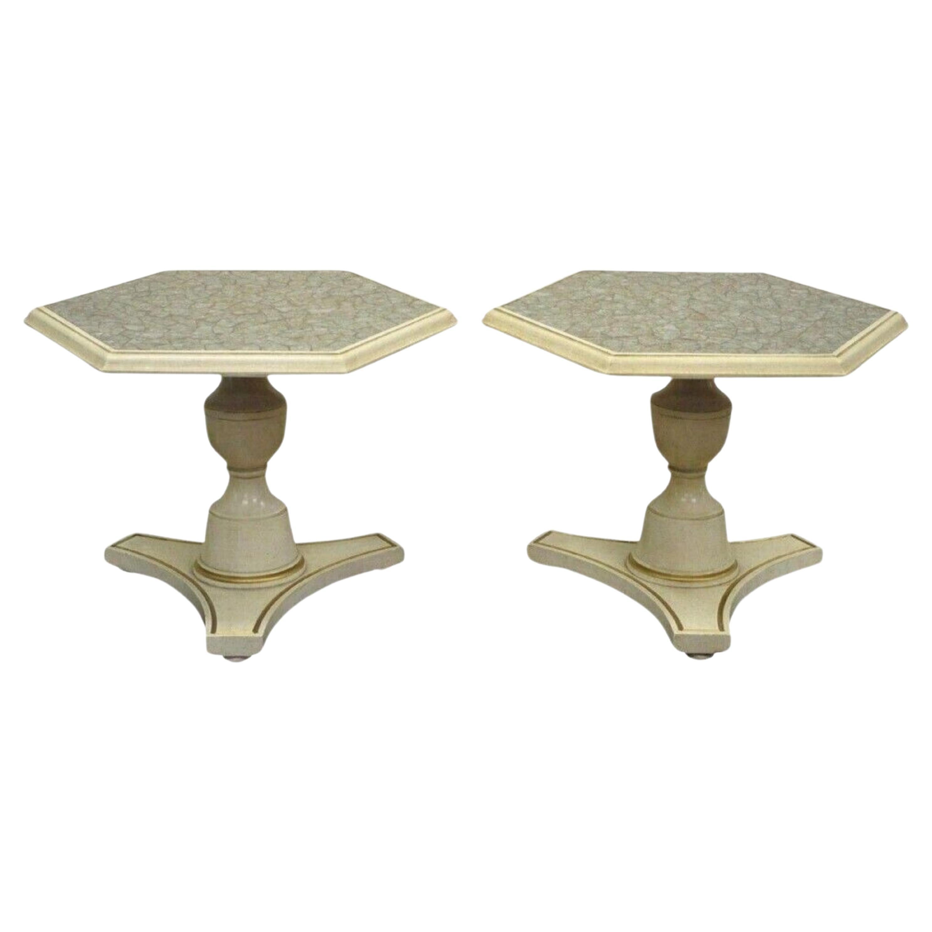 Hollywood Regency Mosaic Glass Tile Top Low Pedestal Side Tables - a Pair For Sale