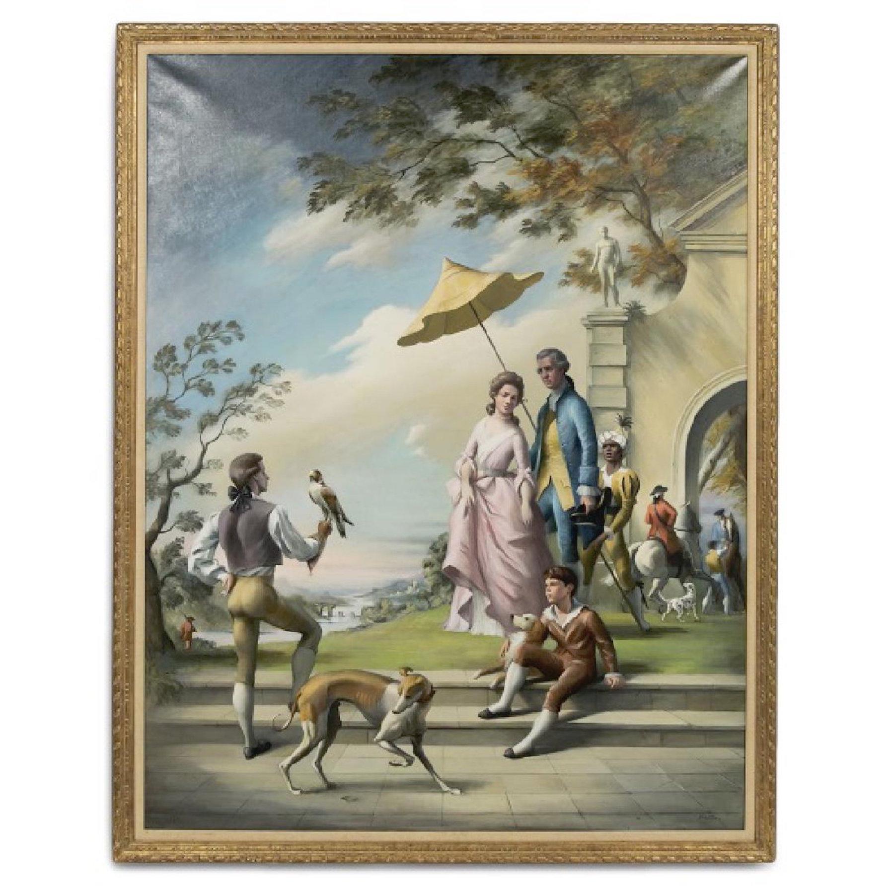 Hollywood Regency Mural in the old master style, detailed and well painted 20th century French garden scene, artist signed lower right 