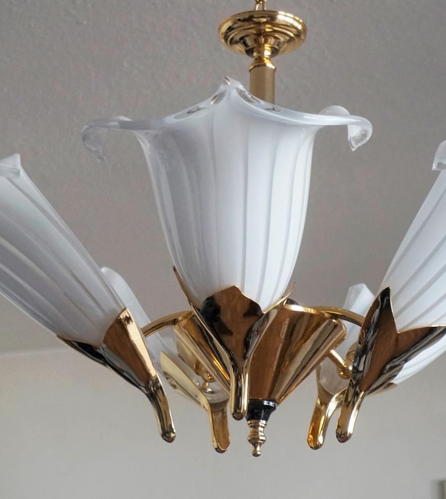 Art Deco Calla Lily Murano Glass Hollywood Regency Chandelier by Franco Luce, Italy 1970s For Sale