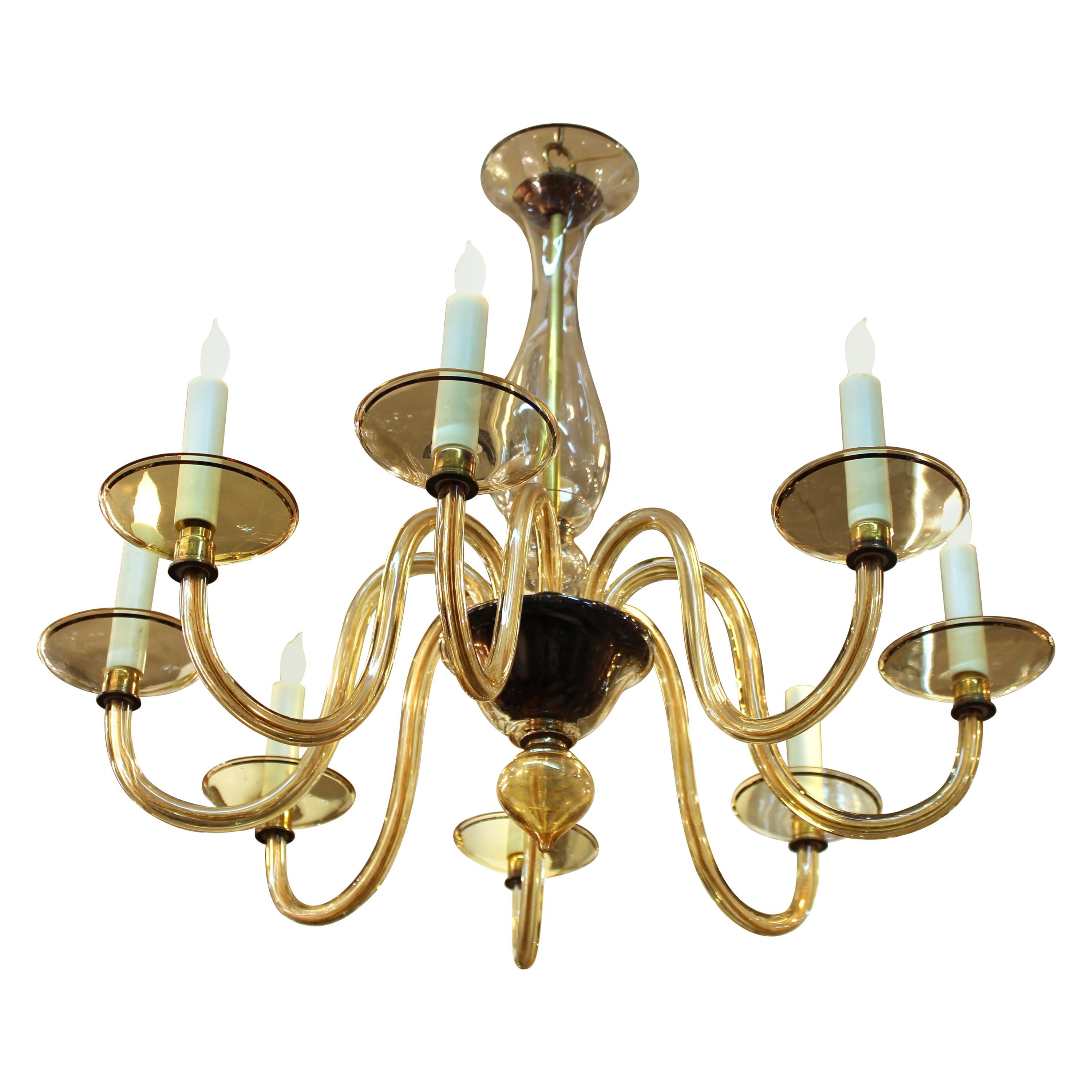 Hollywood Regency Murano Glass Chandelier with Eight Arms in Light Amber